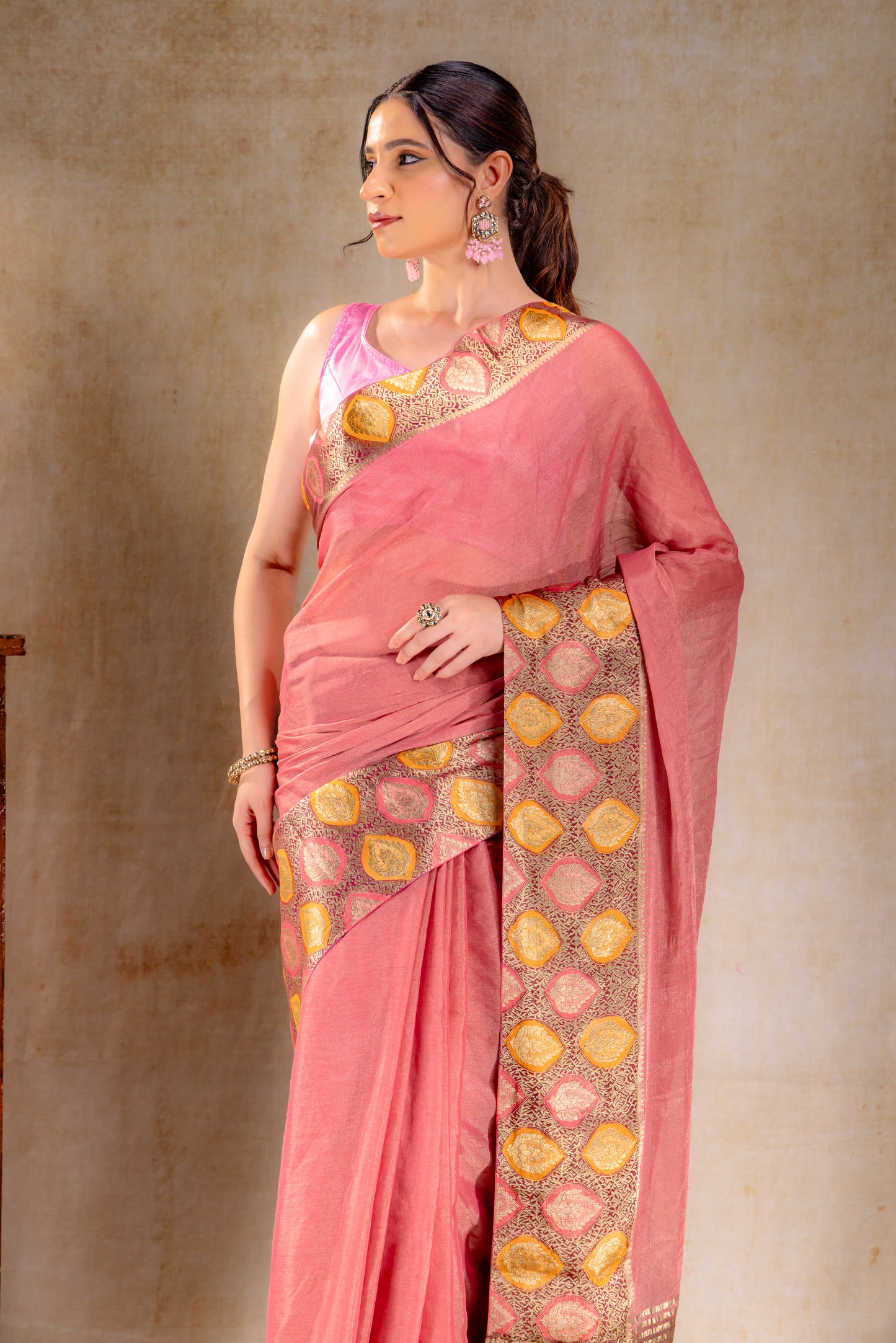 Dusty Rose Tissue Saree with Sunset Leaf Zari Border