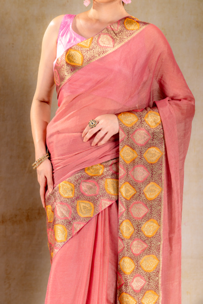 Dusty Rose Tissue Saree with Sunset Leaf Zari Border