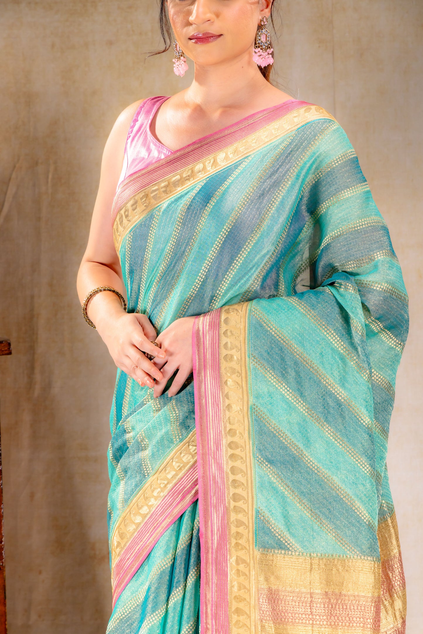 Teal Green Tissue Saree with Mango Motif and Contrasting Zari Lines