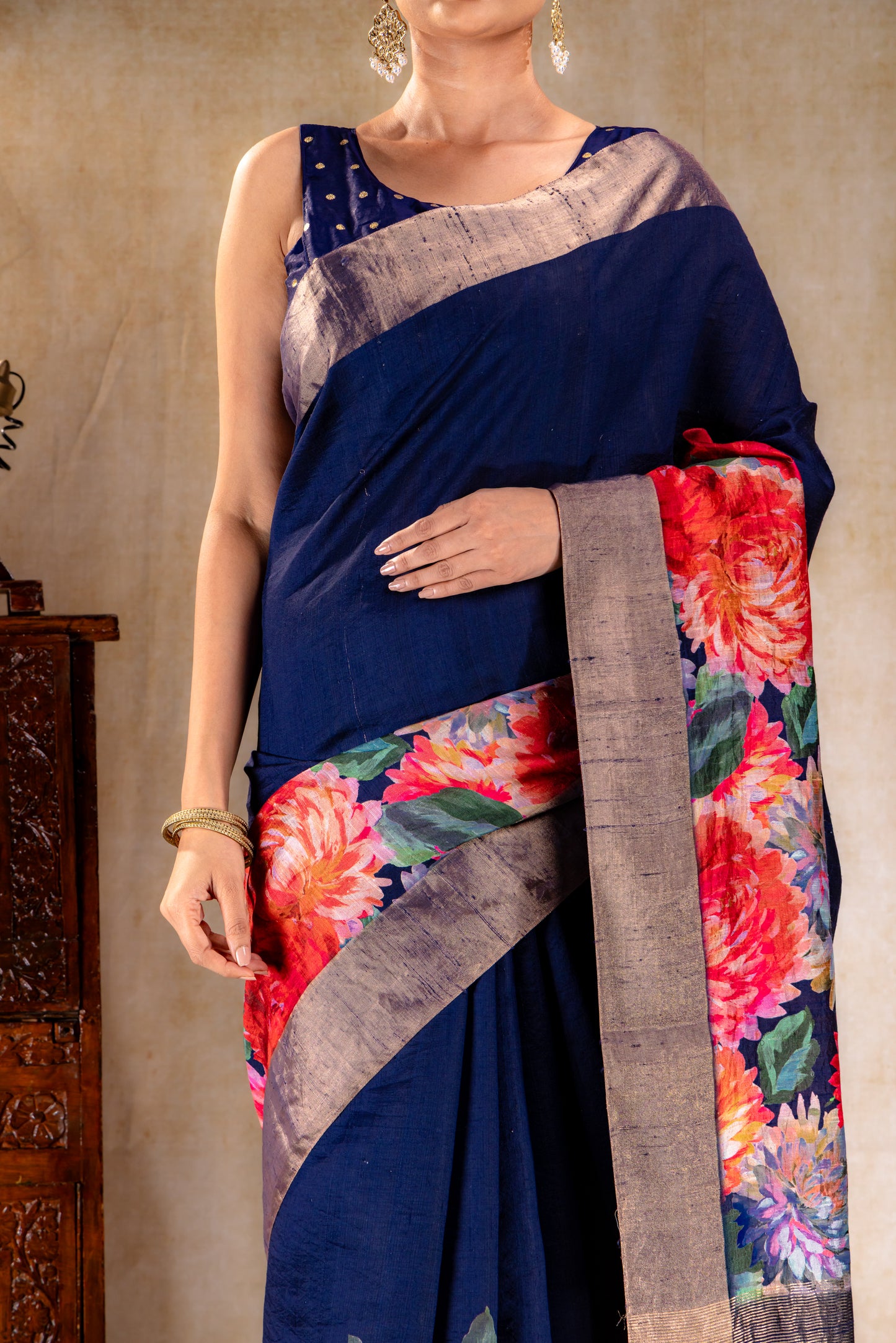 Midnight Navy Dupion Bloom Printed Silk Saree