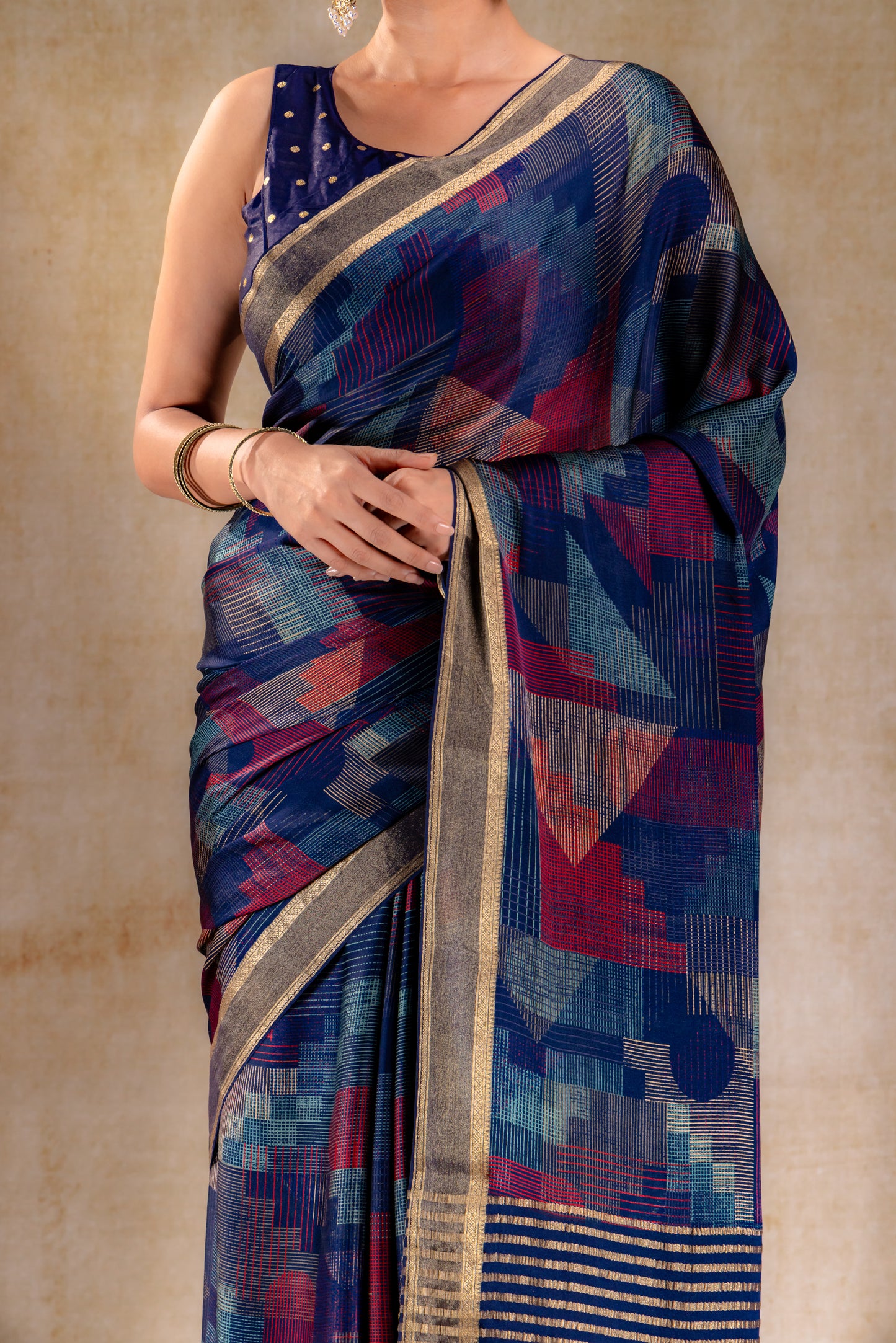 Ink Blue Geometric Print Satin Saree with Gold Zari Border
