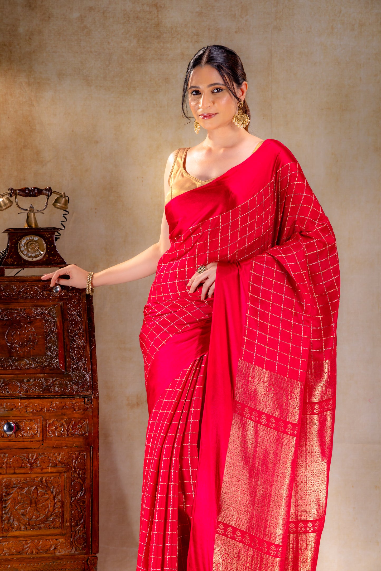 Red Crepe Saree with Gold-Silver Check Lines with Satin Border