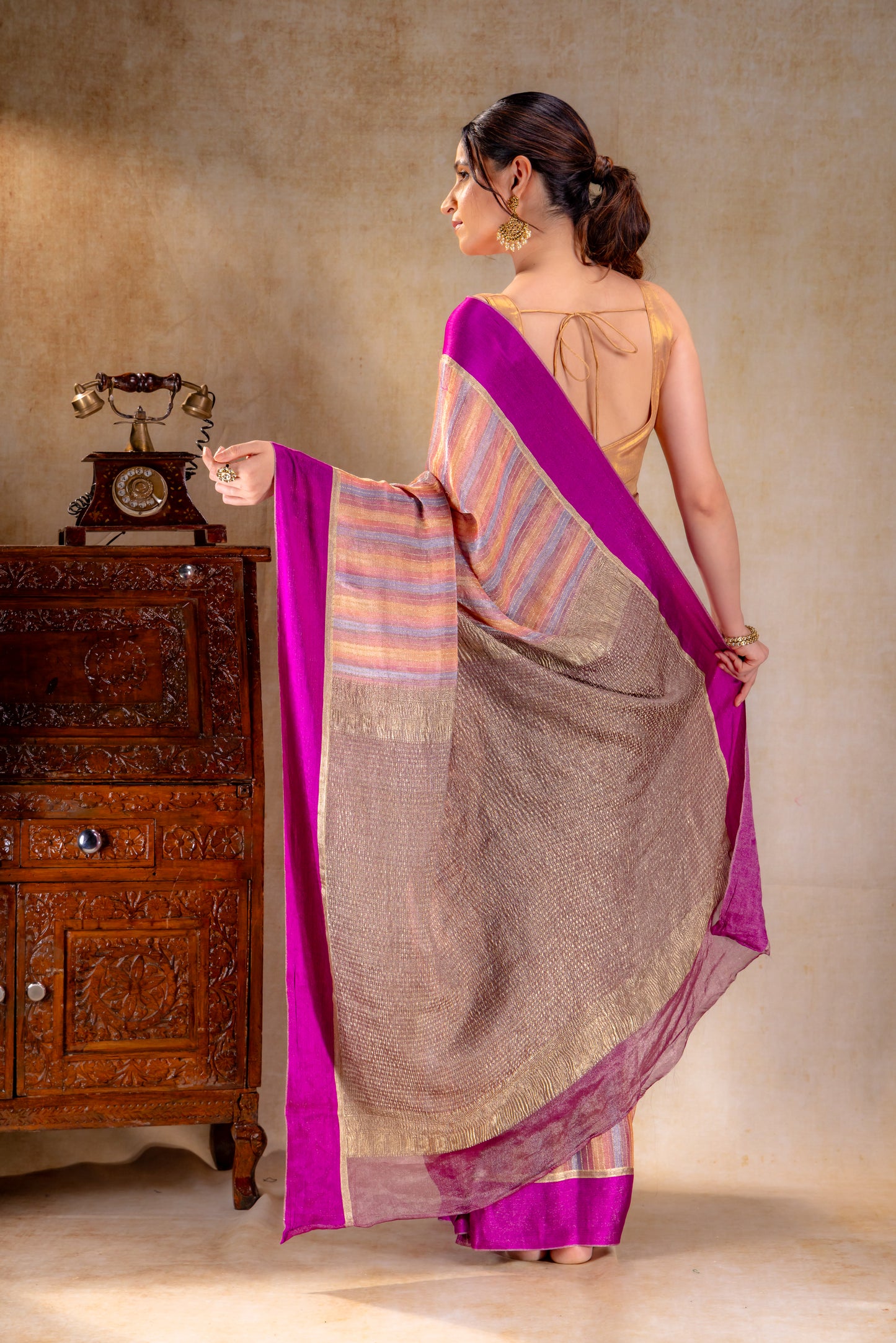 Pastel Striped Tissue Silk Saree with Gold Zari Lines and Purple Contrast Border