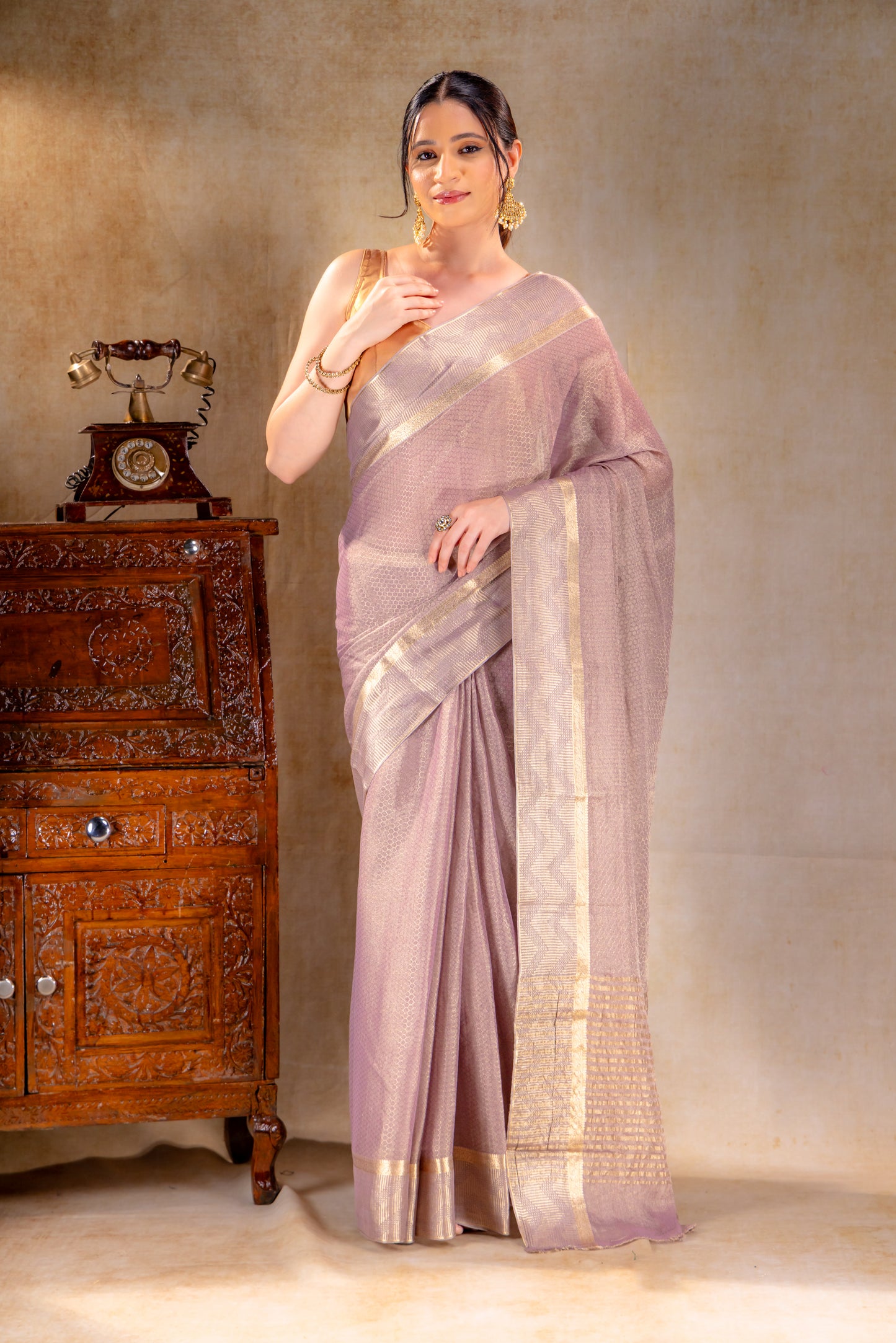 Mauve Honeycomb Textured Weave Tissue Saree with Zigzag Border