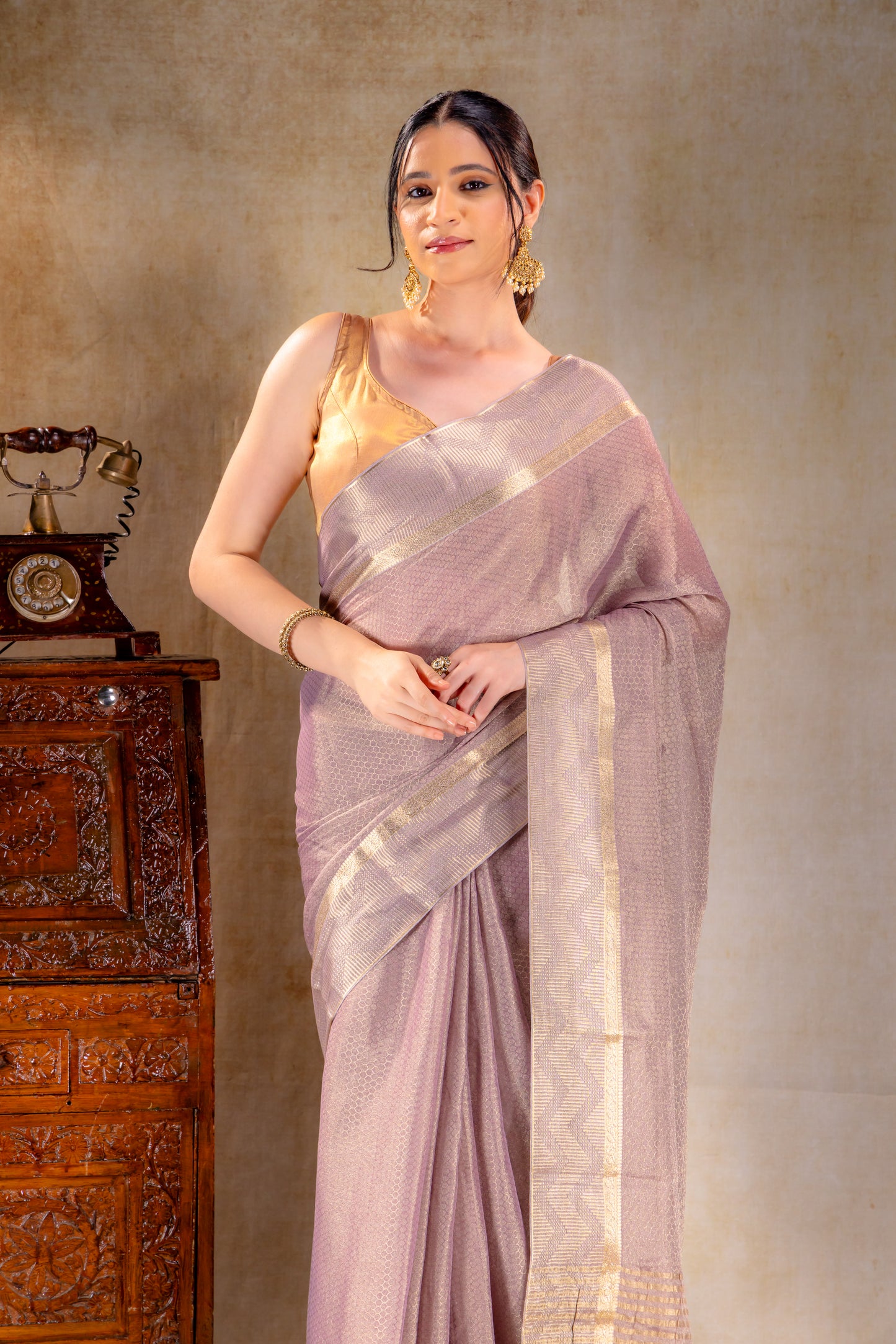 Mauve Honeycomb Textured Weave Tissue Saree with Zigzag Border