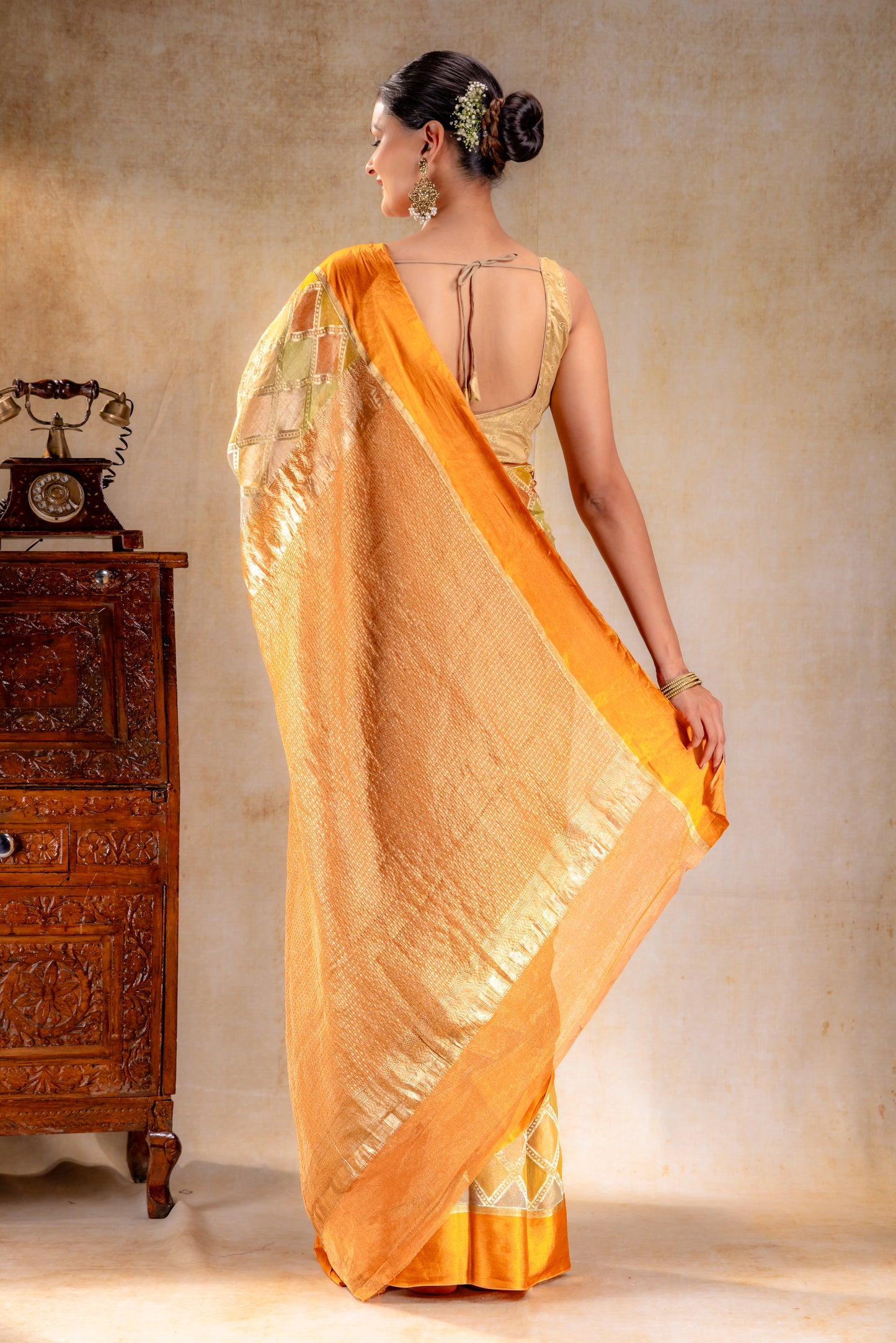 Burnt Mustard Tissue Silk Saree with Diamond Lattice Weave and Tonal Zari Border