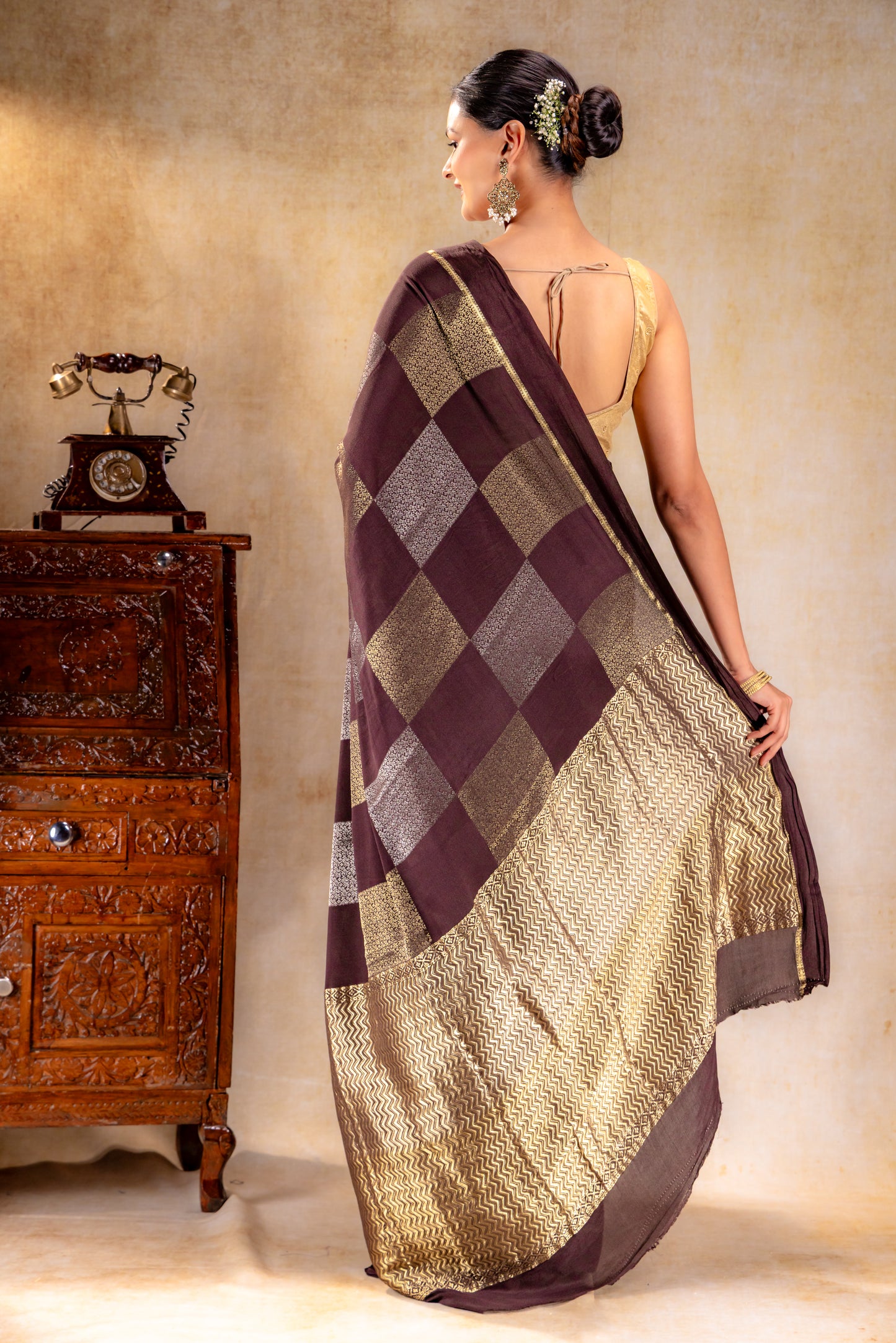 Coffee Brown Crepe Silk Saree with Dual Zari Floral Boxes With Satin Border