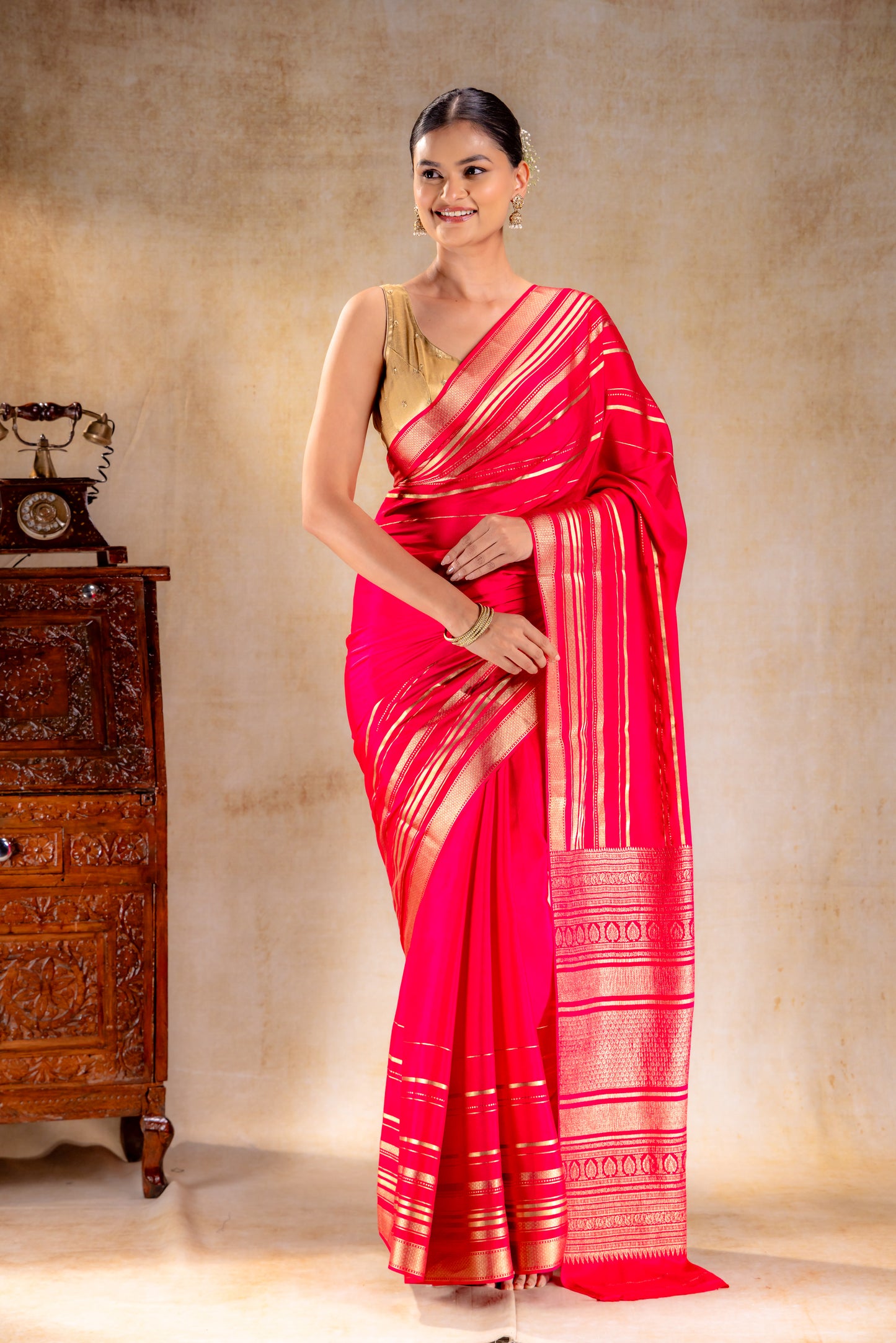 Berry Red with Crepe Saree Gold Zari Rich Border