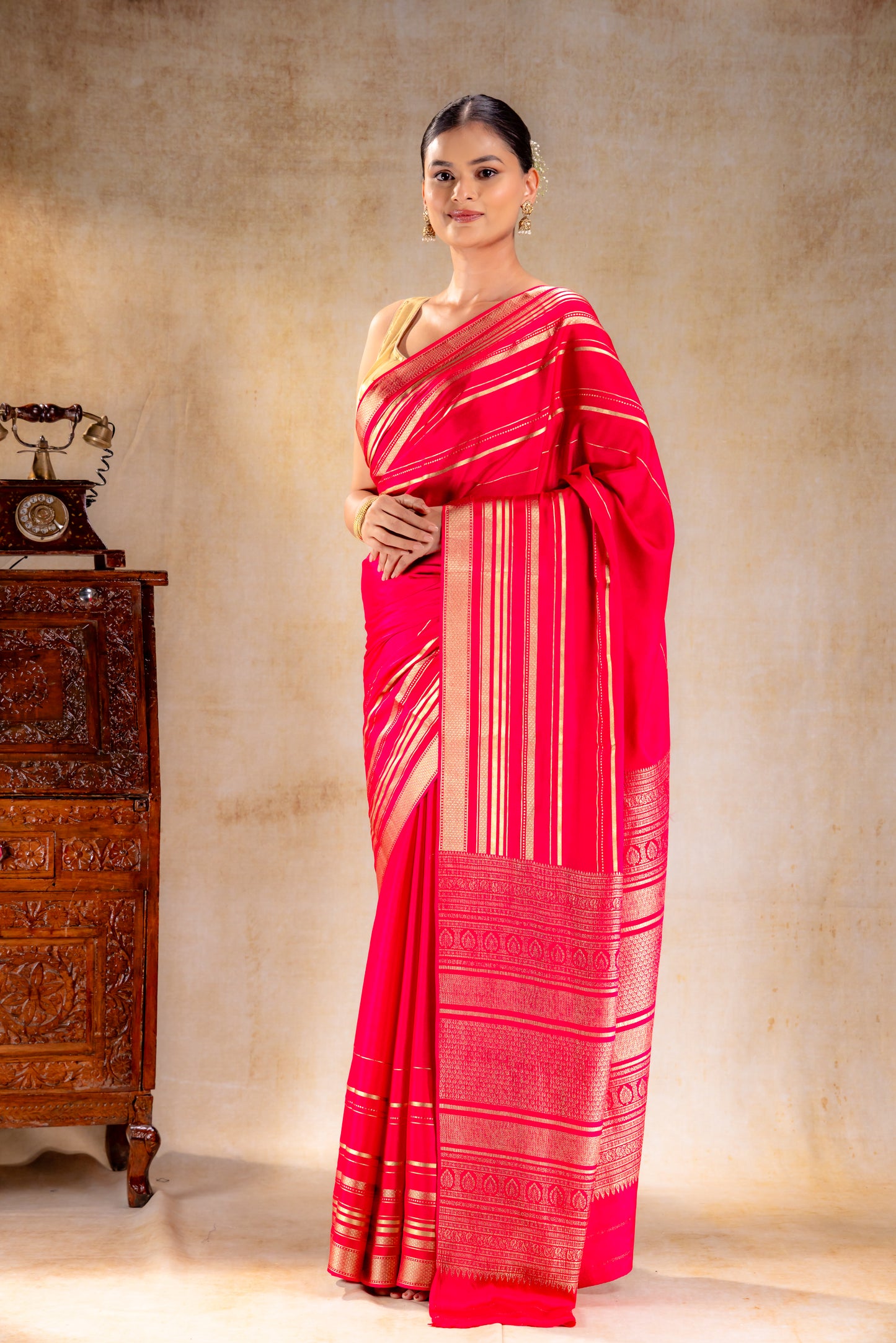 Berry Red with Crepe Saree Gold Zari Rich Border