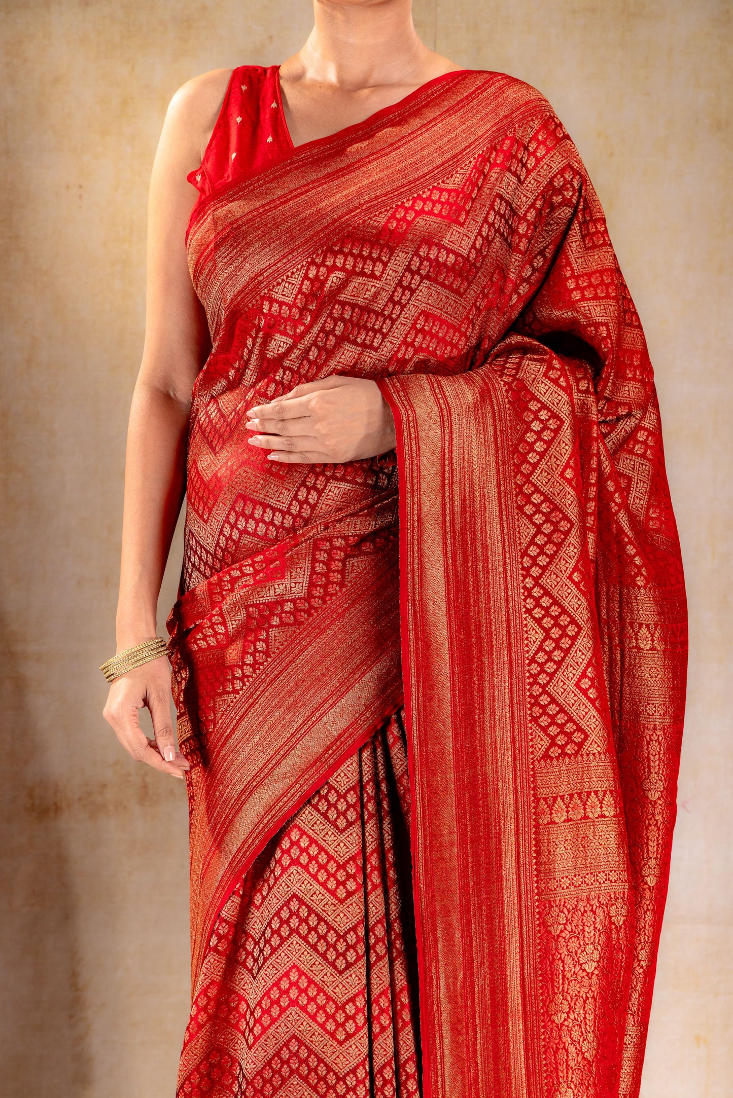 Deep Red Vat Dyed Banarasi Silk Saree with Antique Zari Border
