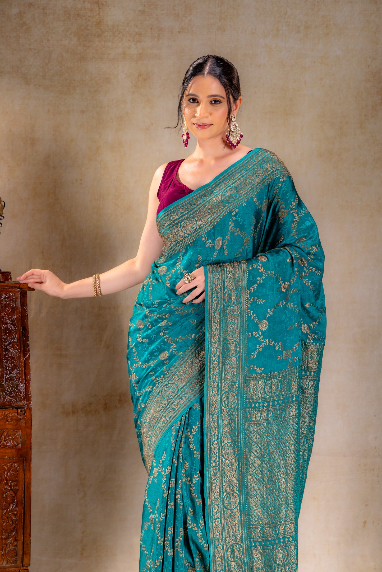 Teal Blue Vat Dyed Silk Saree with Antique Zari