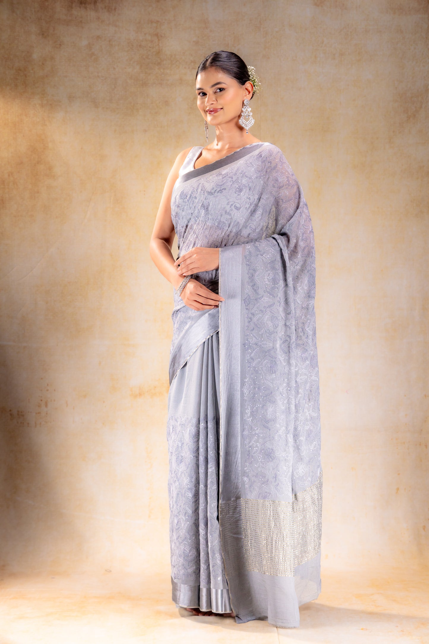 Silver Grey Embroidered Diamond Chiffon Saree – Lightweight Partywear Drape