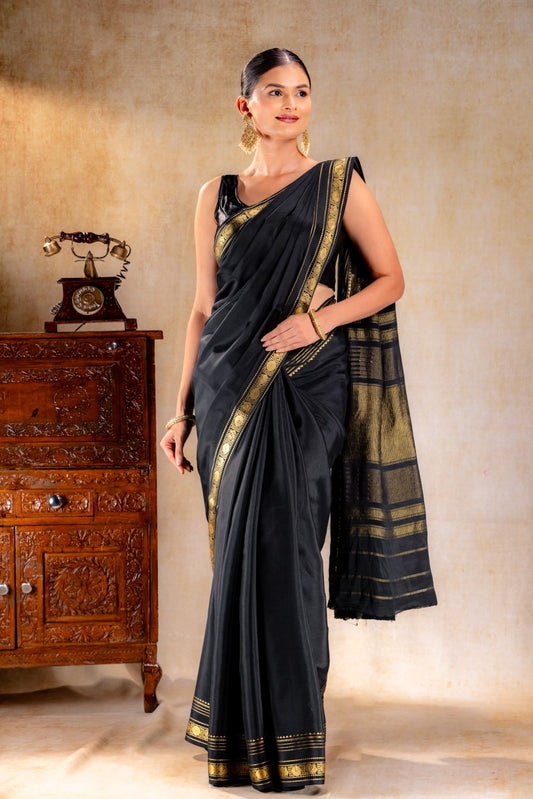 Midnight Black Crepe Saree with Gold Zari Border & Rich Pallu