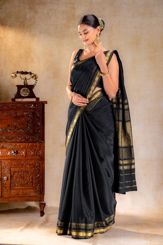 Midnight Black Crepe Saree with Gold Zari Border & Rich Pallu