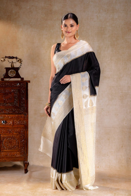 Black Crepe Saree with Ivory Gold Zari Woven Pallu and Paisley Border