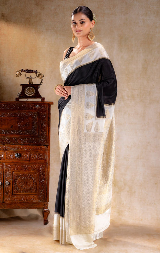 Black Crepe Saree with Ivory Gold Zari Woven Pallu and Paisley Border