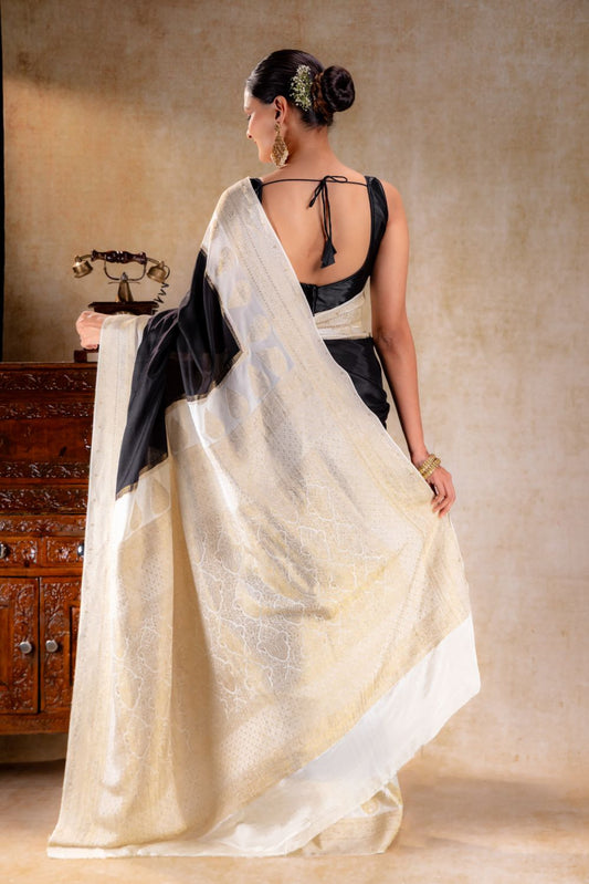Black Crepe Saree with Ivory Gold Zari Woven Pallu and Paisley Border