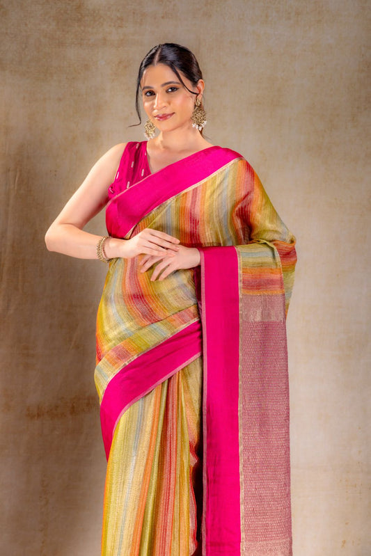 Rainbow Stripe Tissue Silk Saree with Gold Zari Lines and Pink Contrast Border