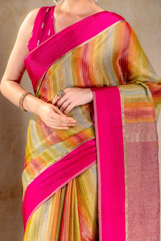 Rainbow Stripe Tissue Silk Saree with Gold Zari Lines and Pink Contrast Border