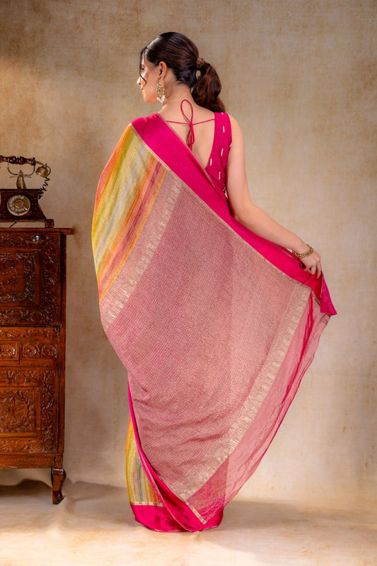 Rainbow Stripe Tissue Silk Saree with Gold Zari Lines and Pink Contrast Border