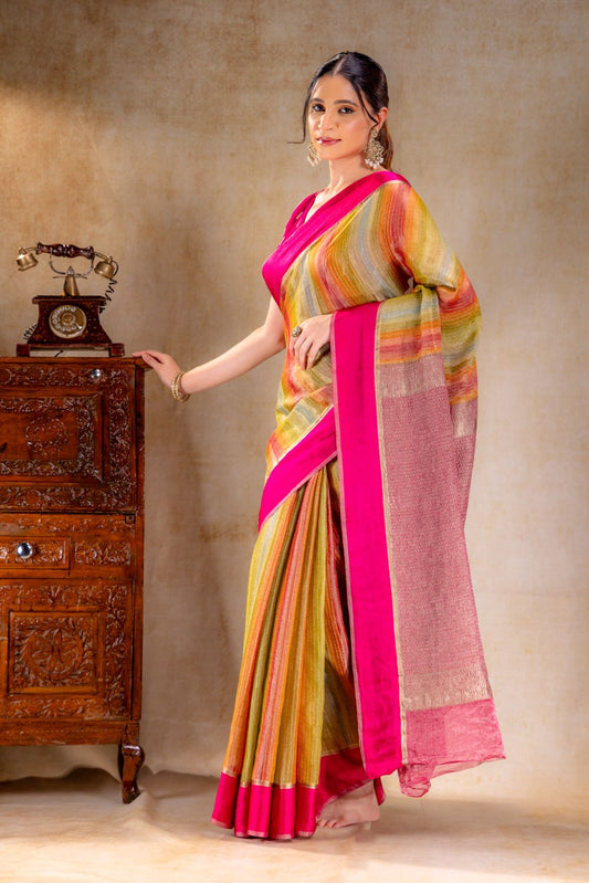 Rainbow Stripe Tissue Silk Saree with Gold Zari Lines and Pink Contrast Border
