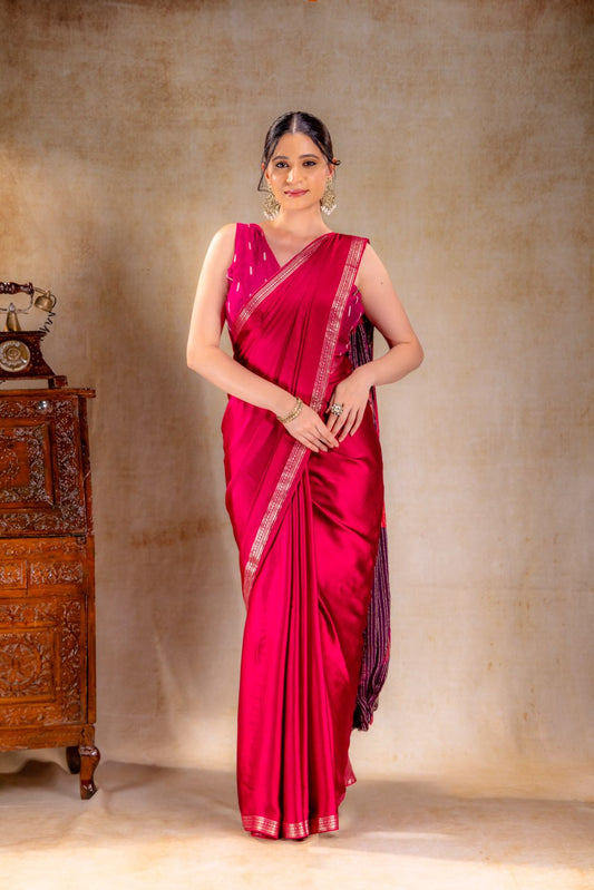 Berry Pink Satin Saree with Elegant Silver Zari Border and Pallu