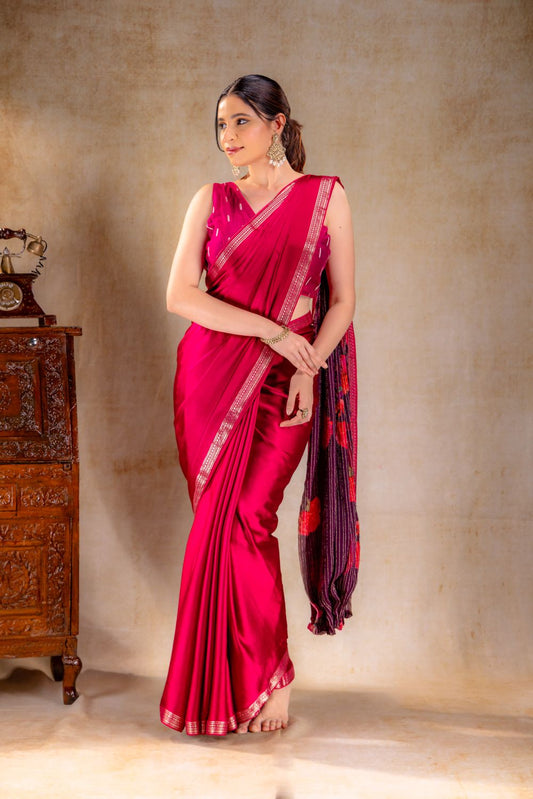 Berry Pink Satin Saree with Elegant Silver Zari Border and Pallu