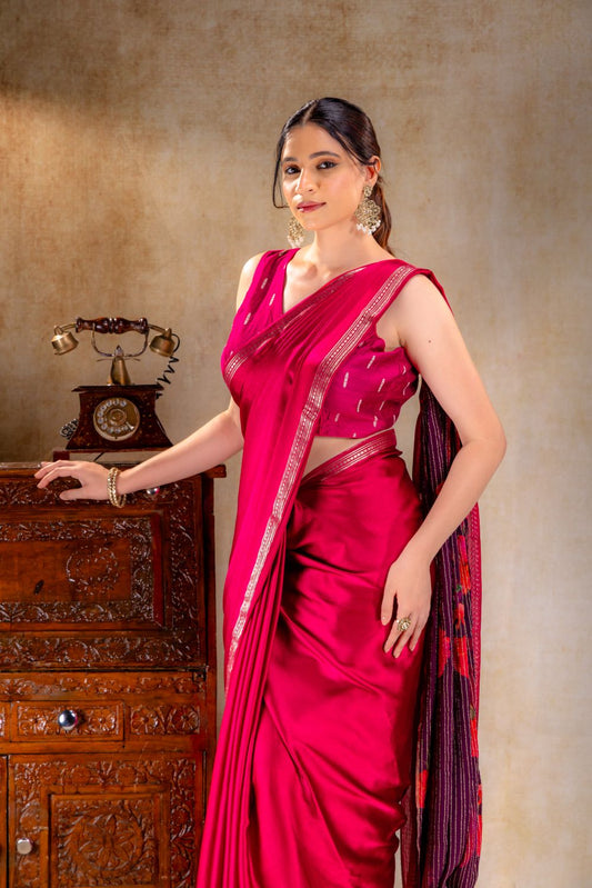 Berry Pink Satin Saree with Elegant Silver Zari Border and Pallu