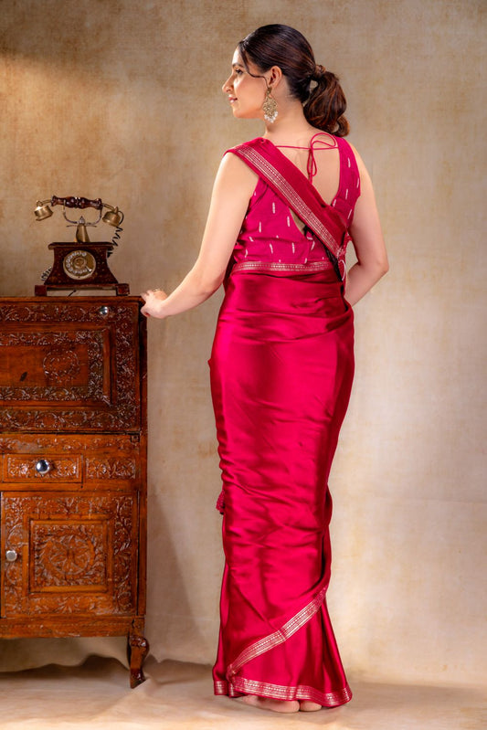 Berry Pink Satin Saree with Elegant Silver Zari Border and Pallu