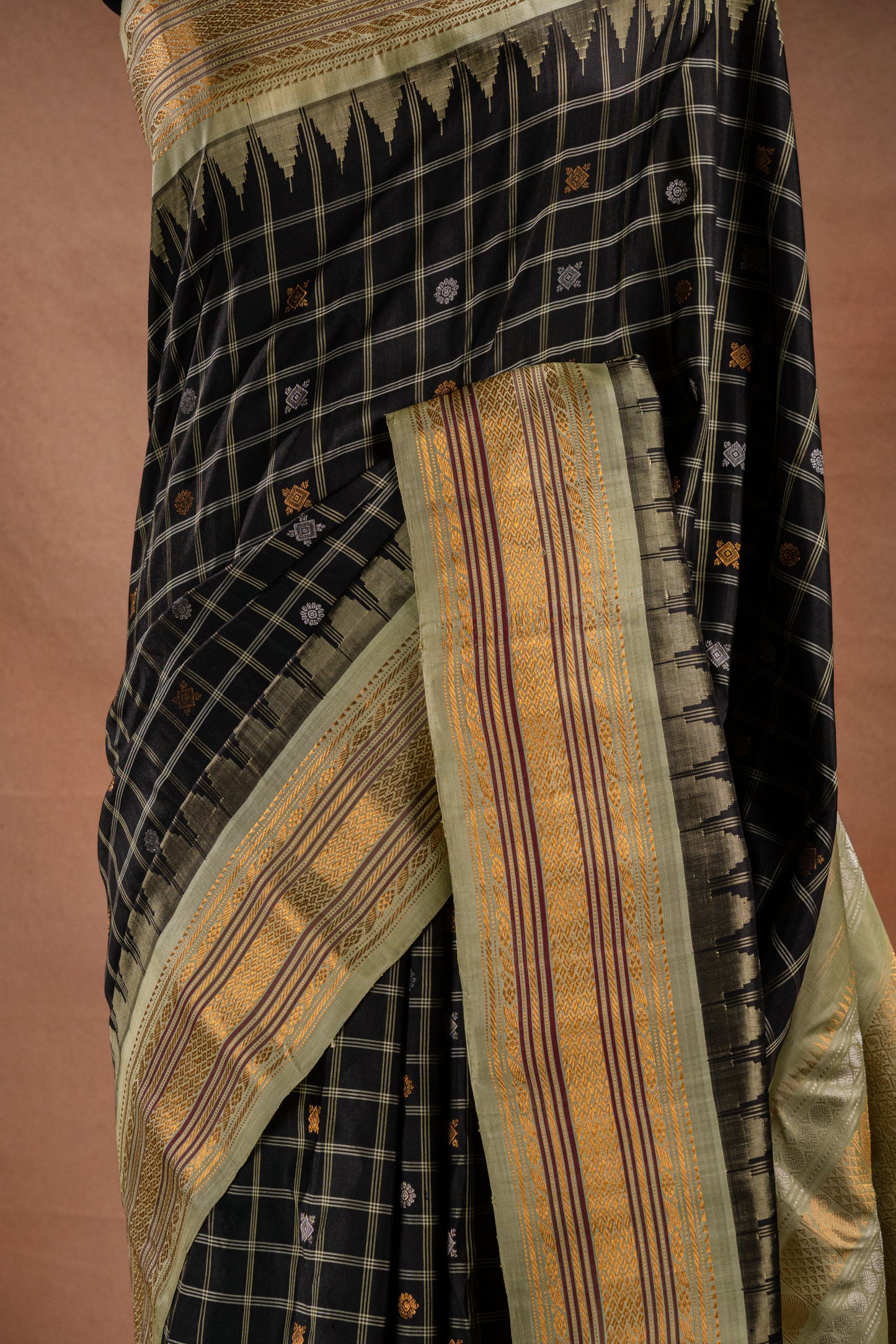 Gadwal Silk Black Checked with Olive Border Saree