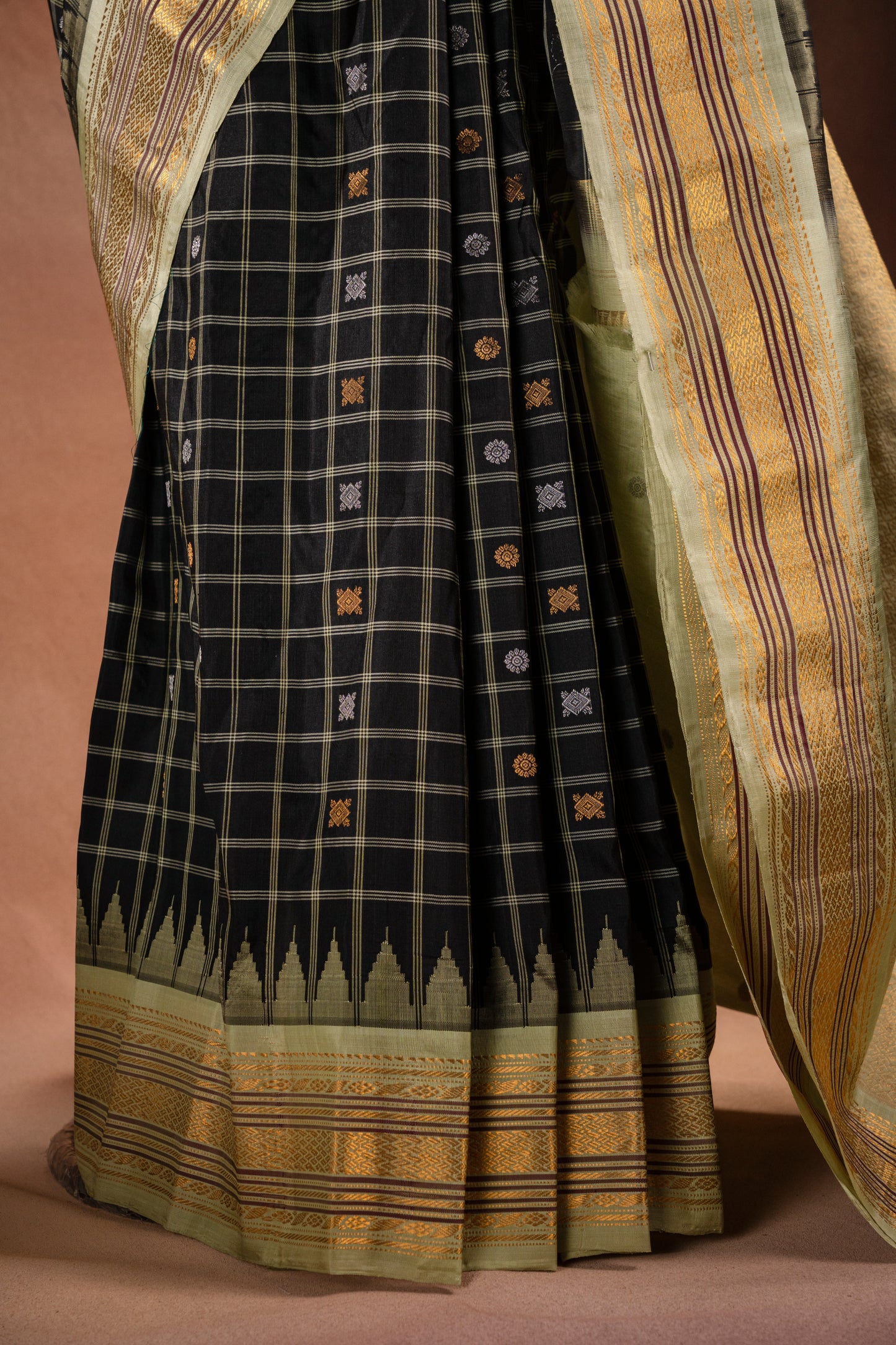 Gadwal Silk Black Checked with Olive Border Saree