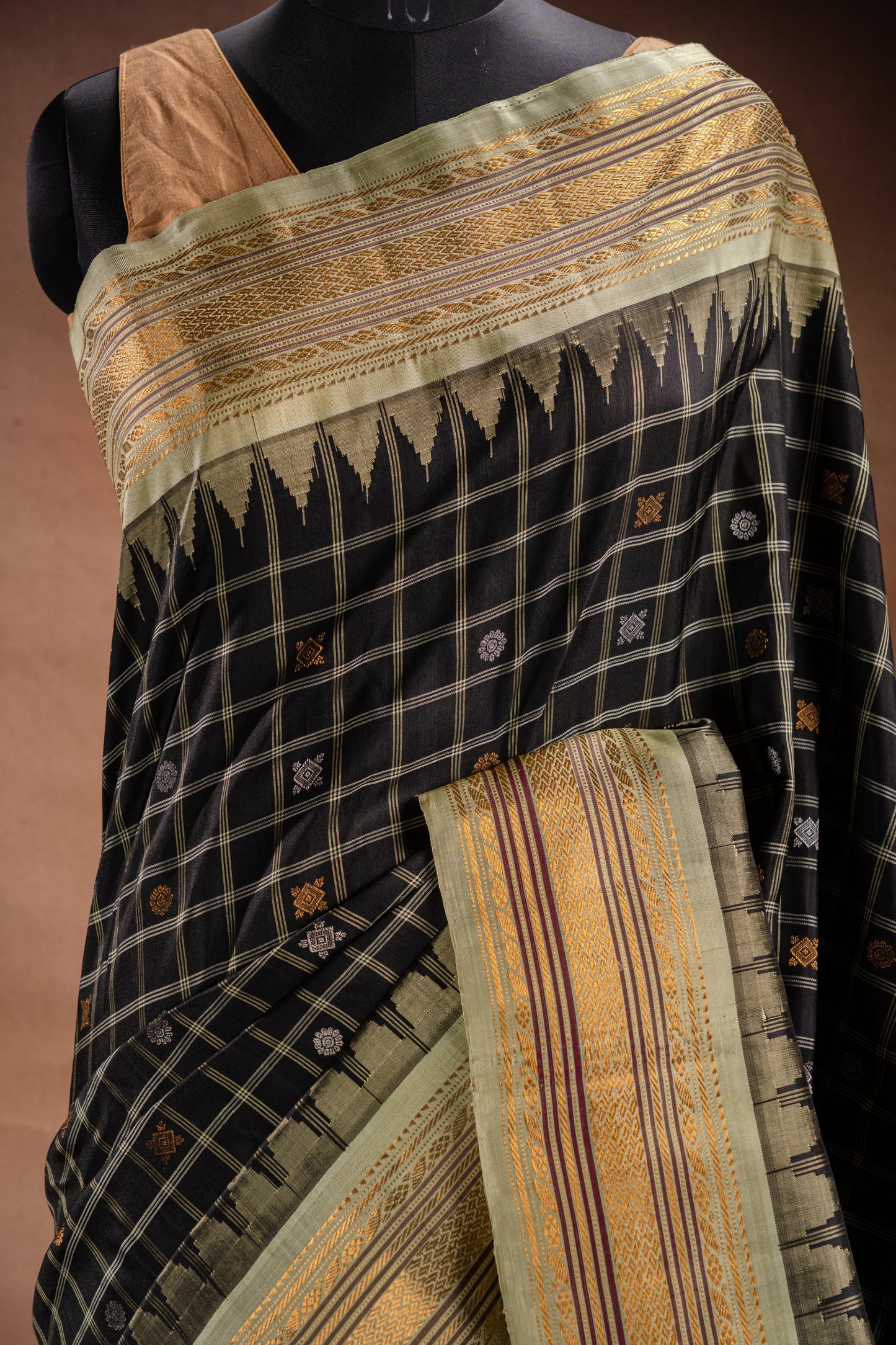 Gadwal Silk Black Checked with Olive Border Saree