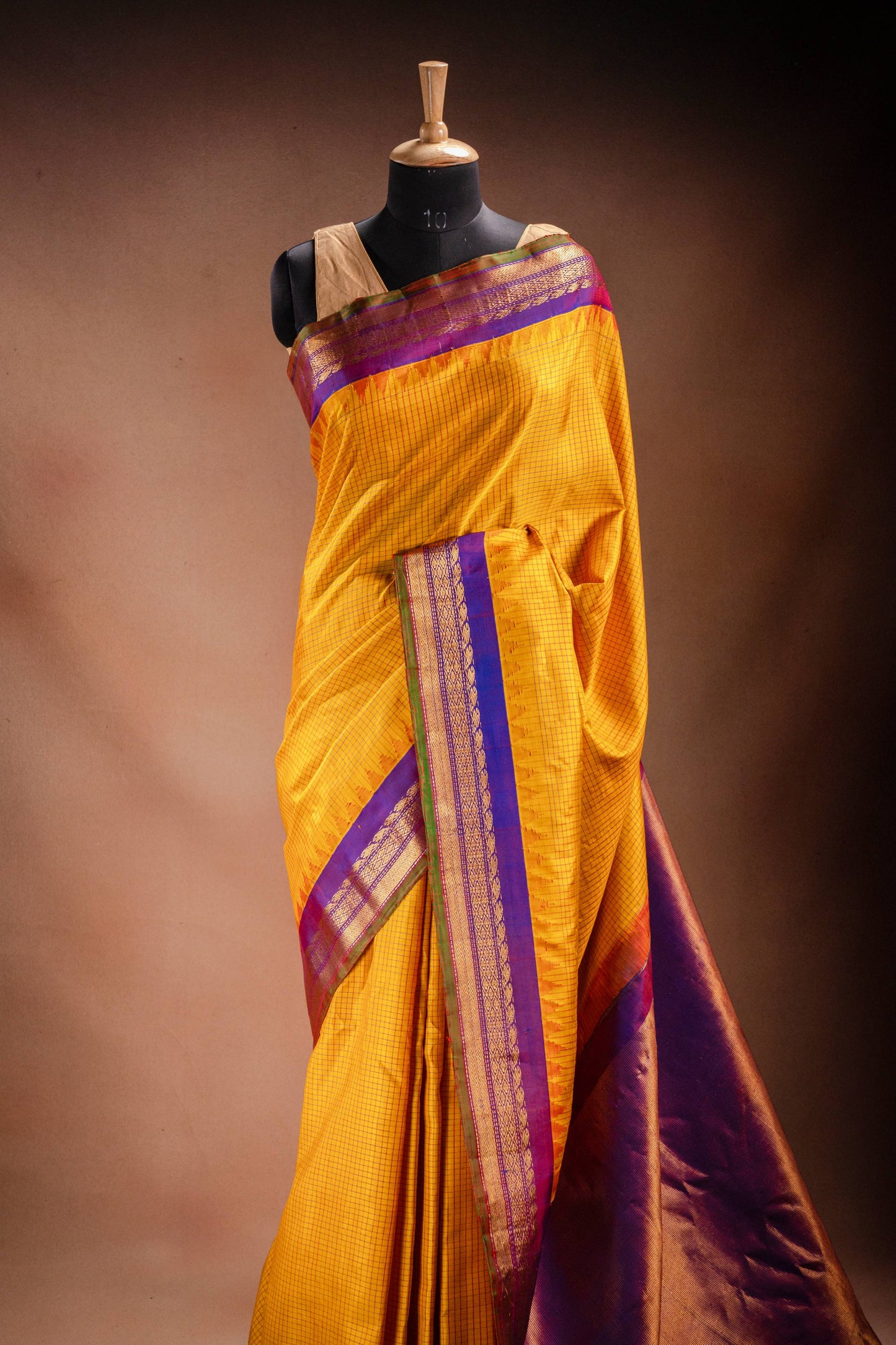 Gadwal Silk Yellow with Purple Border Saree