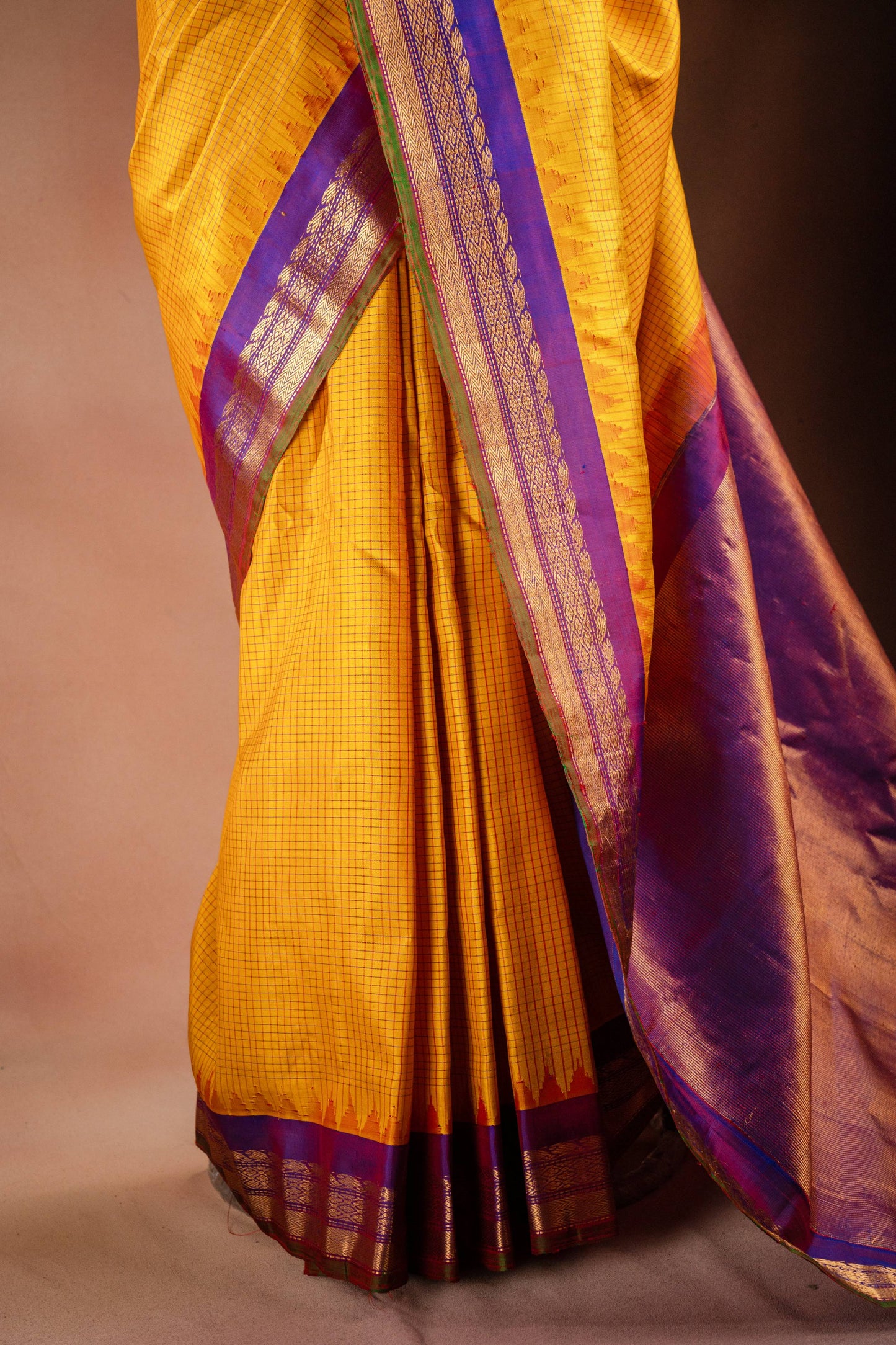 Gadwal Silk Yellow with Purple Border Saree