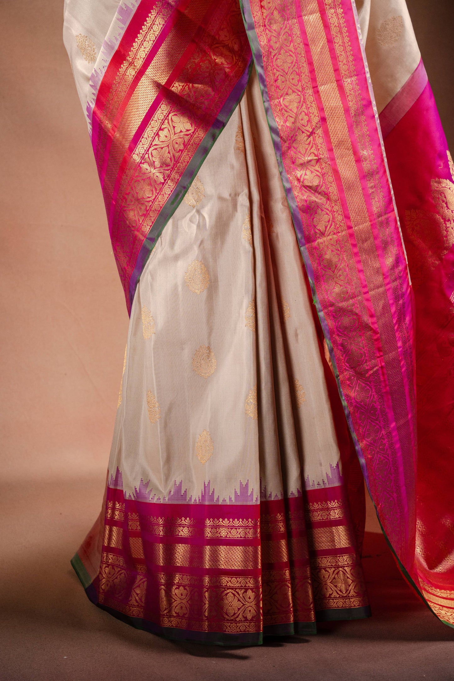 Gadwal Silk Off White with Pink and Green Border Saree