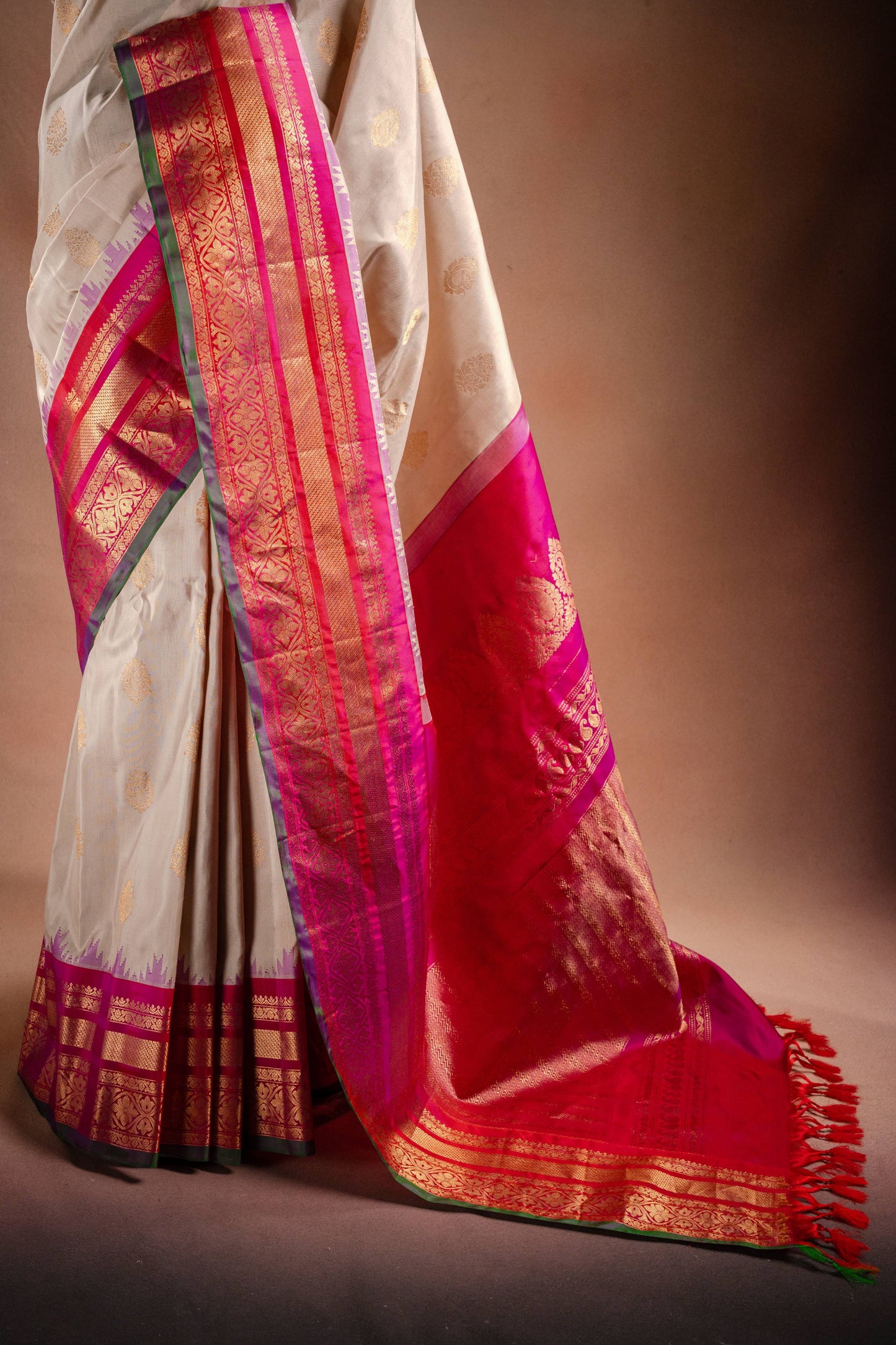 Gadwal Silk Off White with Pink and Green Border Saree
