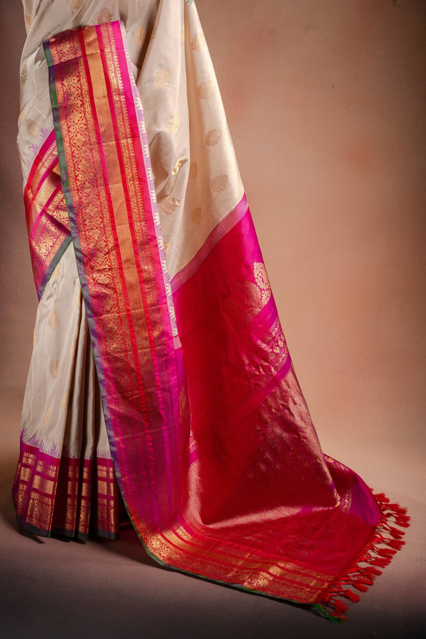 Gadwal Silk Off White with Pink and Green Border Saree