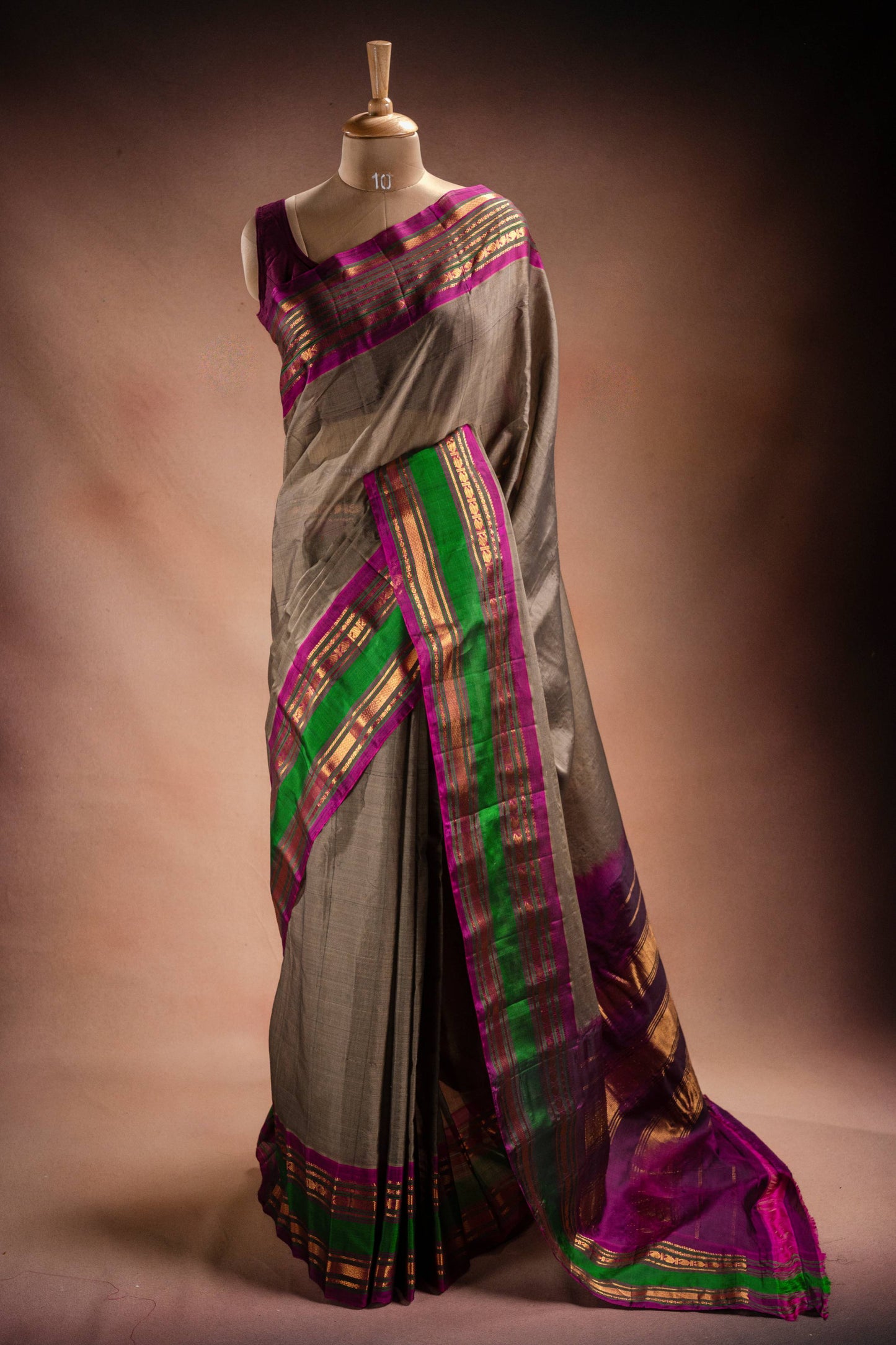 Grey Gadwal Cotton Mix Saree with Green & Purple Border