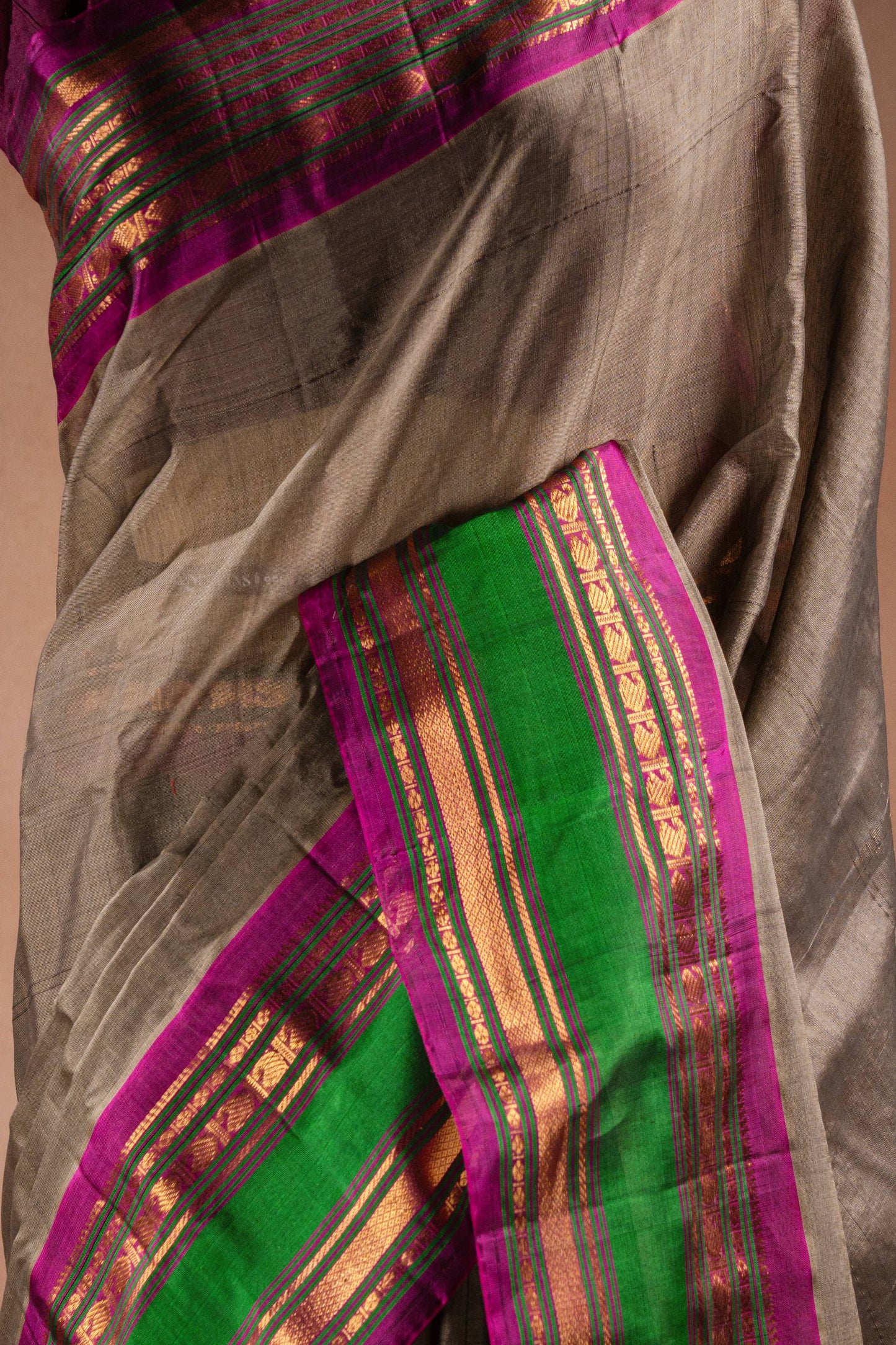 Grey Gadwal Cotton Mix Saree with Green & Purple Border
