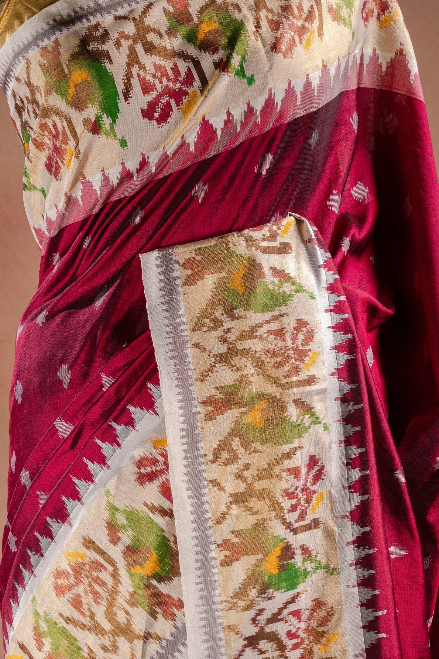 Wine Red Pochampally Saree with White Pallu