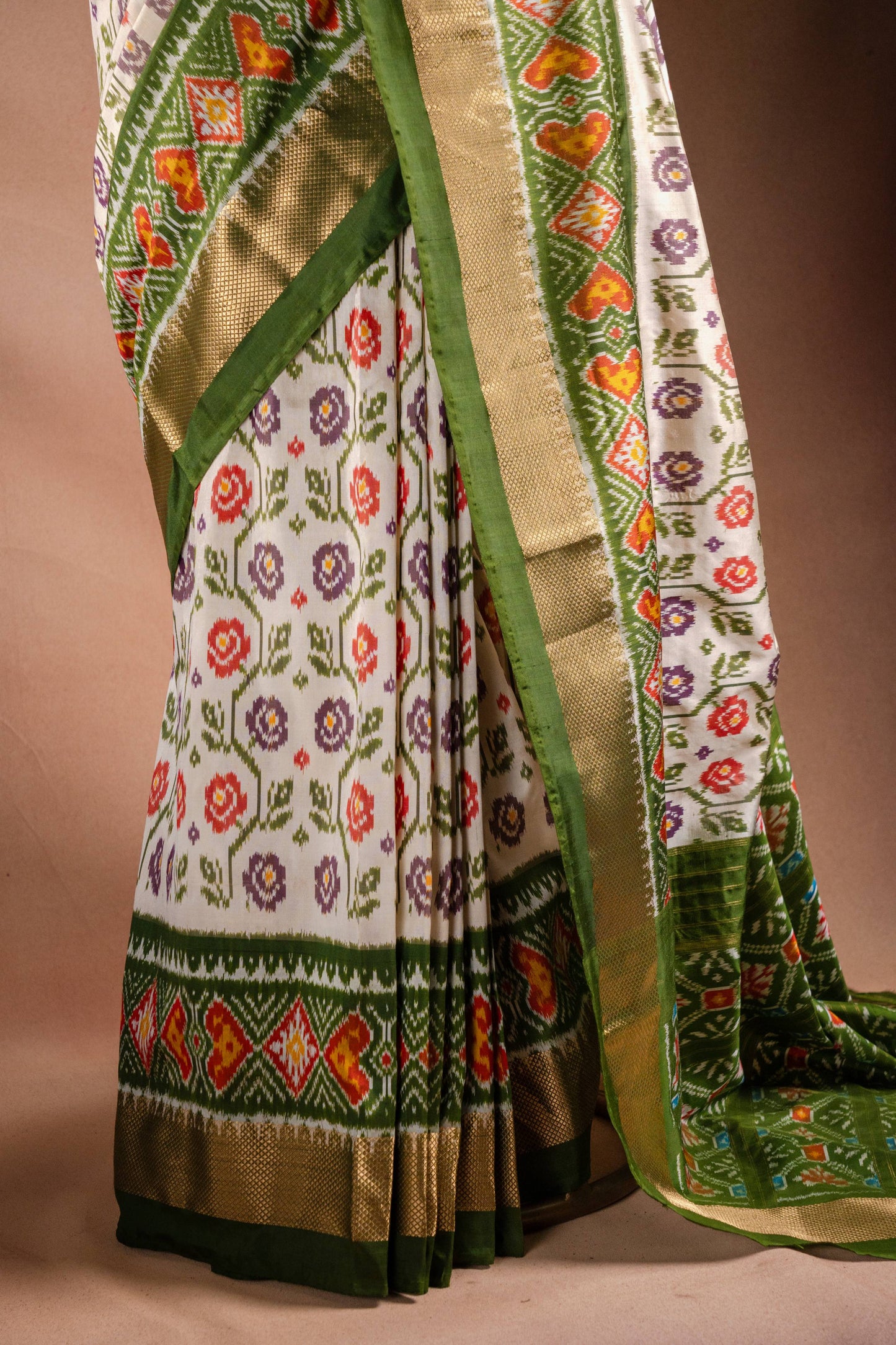White Pochampally Saree with Green Border