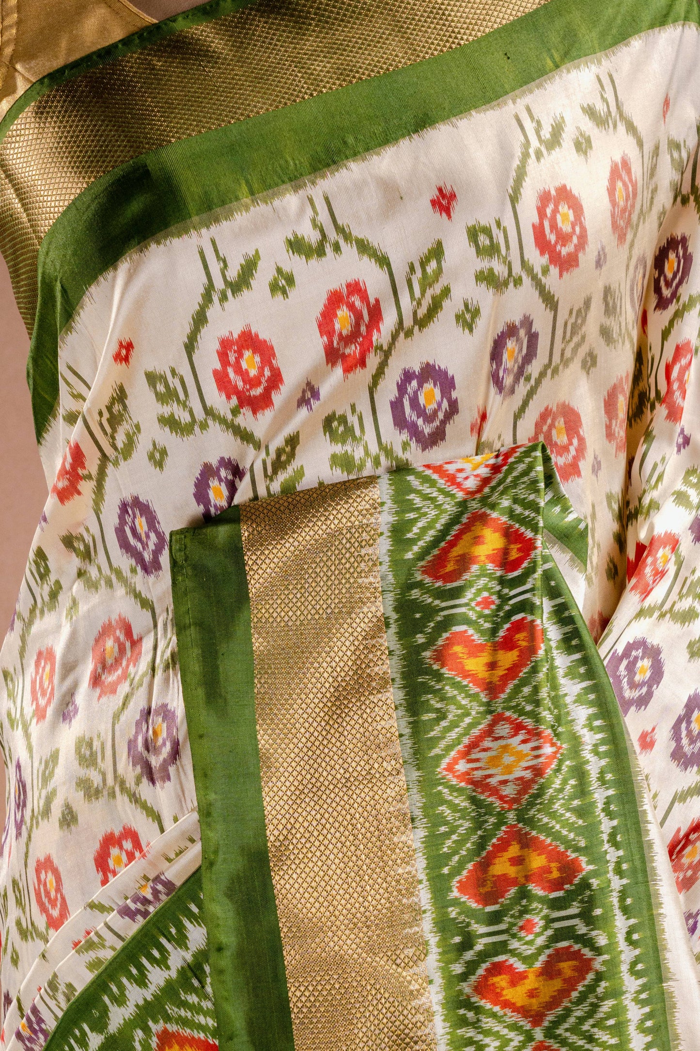 White Pochampally Saree with Green Border