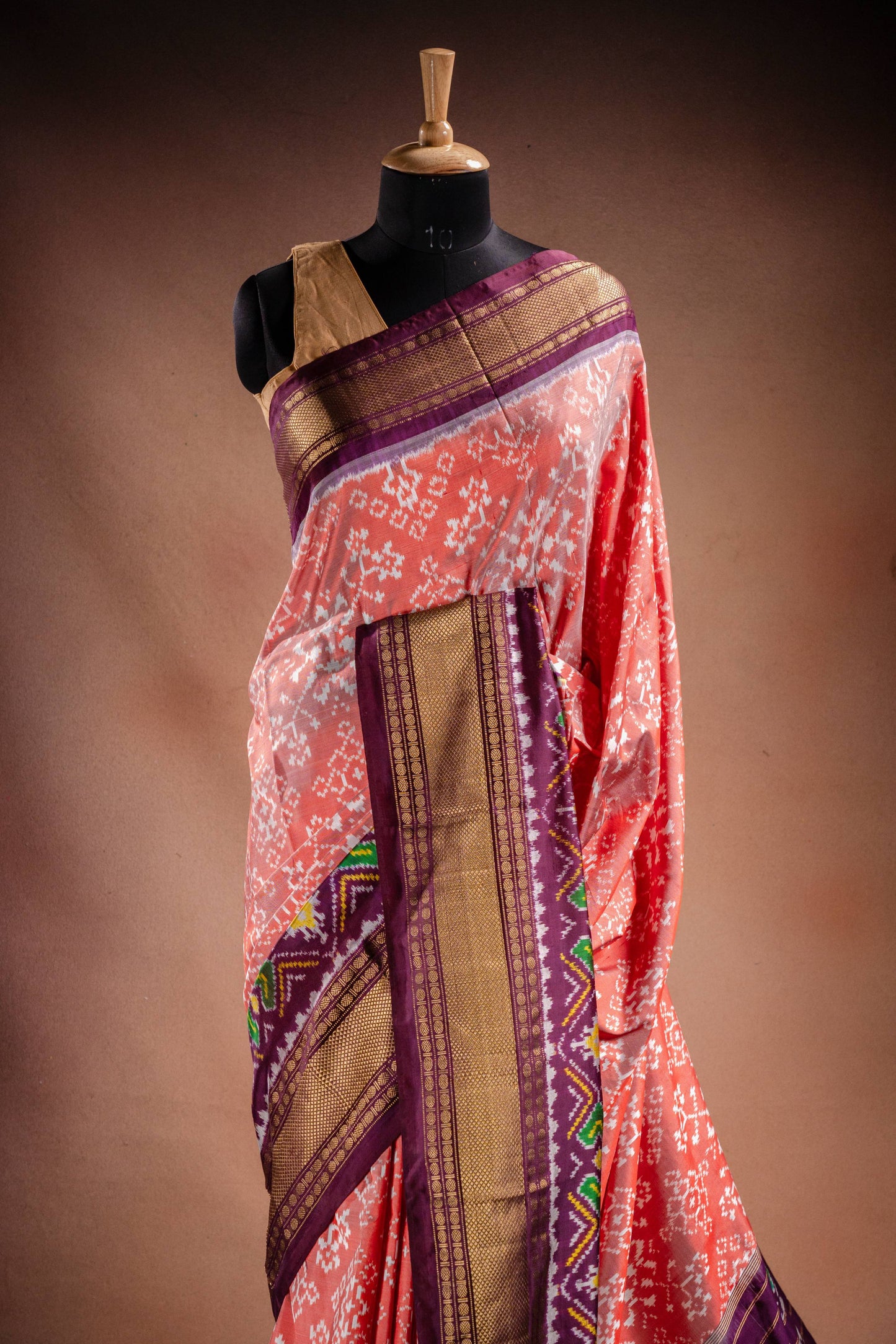 Peach Pochampally Saree with Purple Border