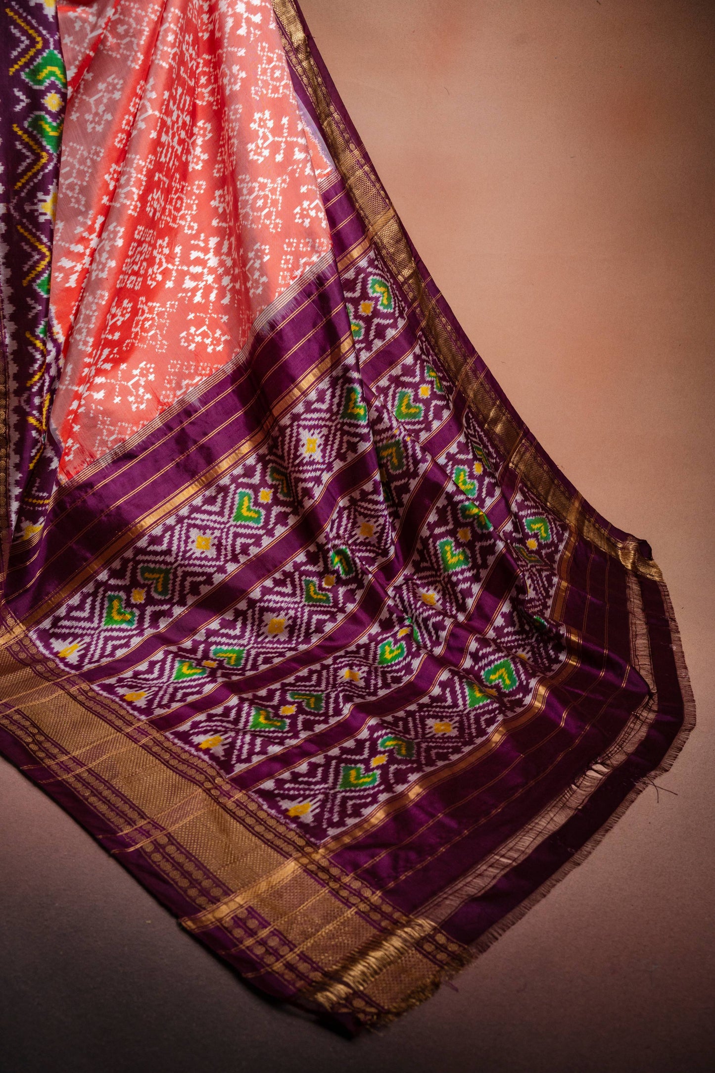 Peach Pochampally Saree with Purple Border