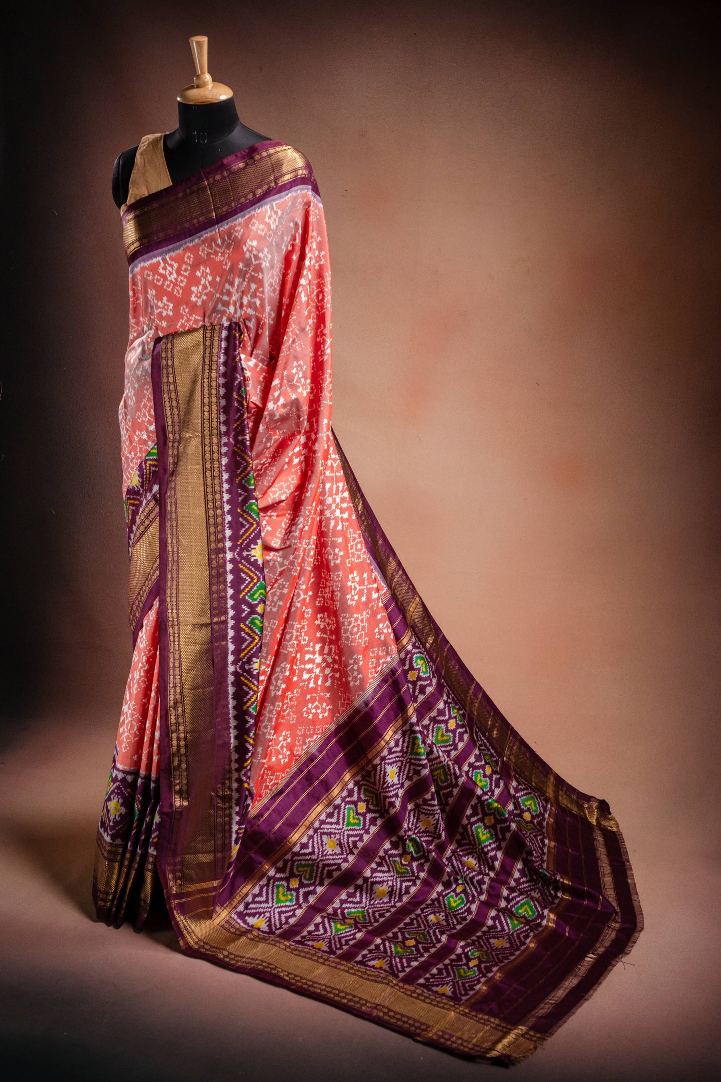 Peach Pochampally Saree with Purple Border