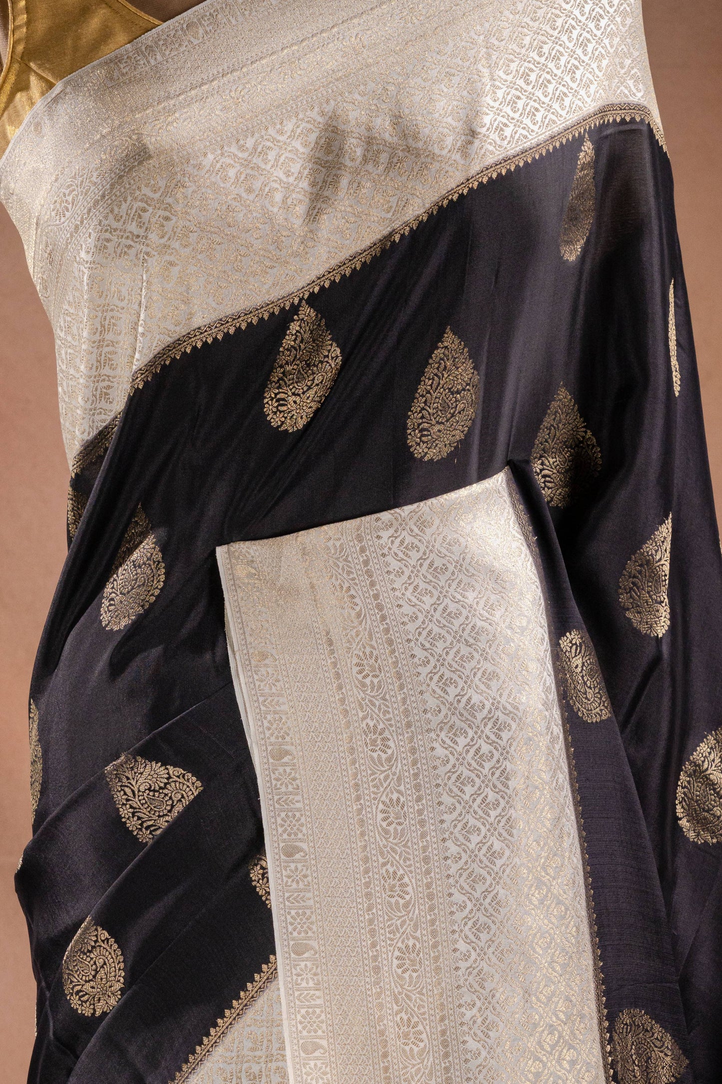 Black and White Crepe Silk Saree with Gold Motifs and Contrast Pallu