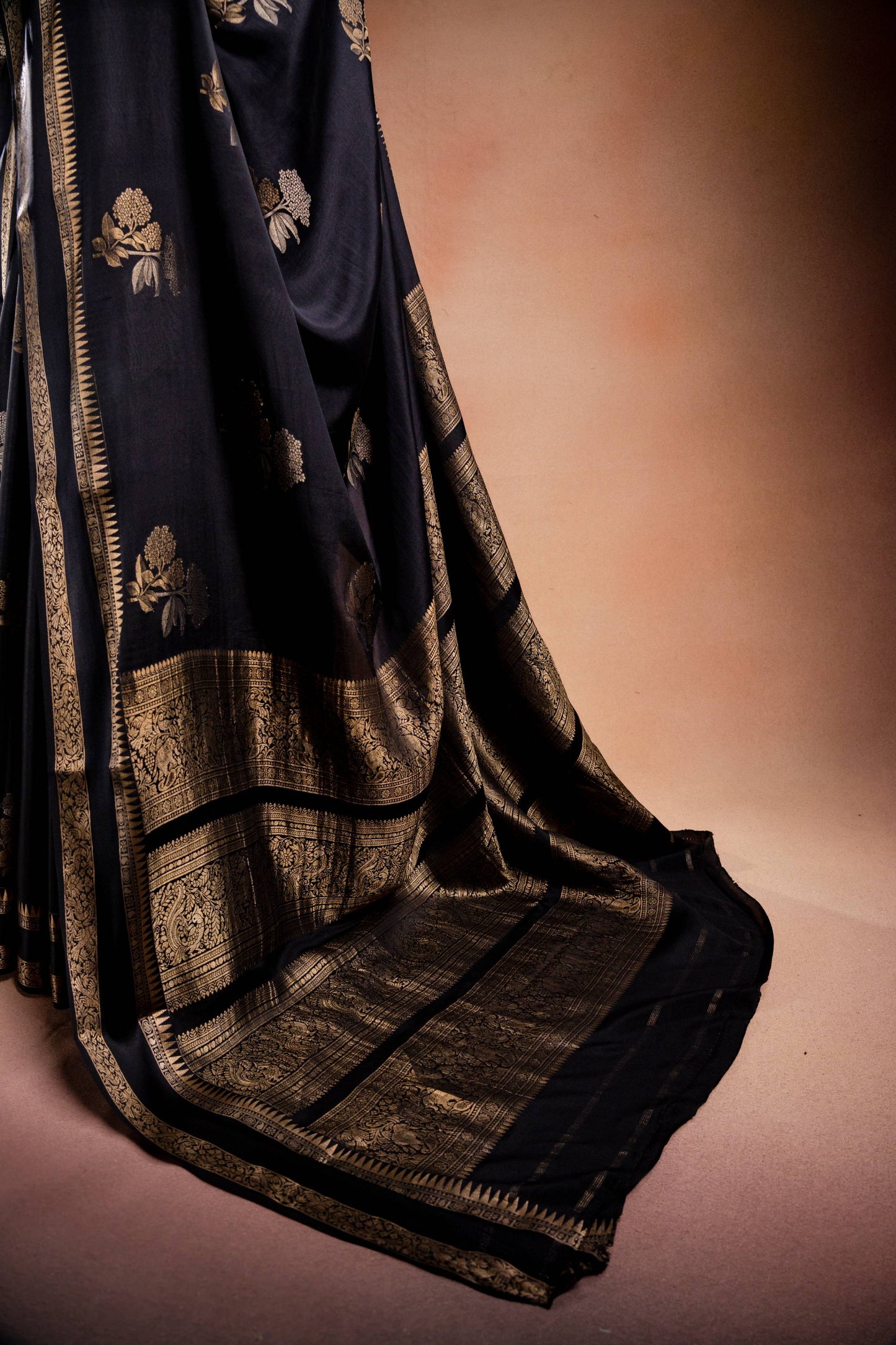 Black Crepe Silk Saree with Double Mispick Zari Roses