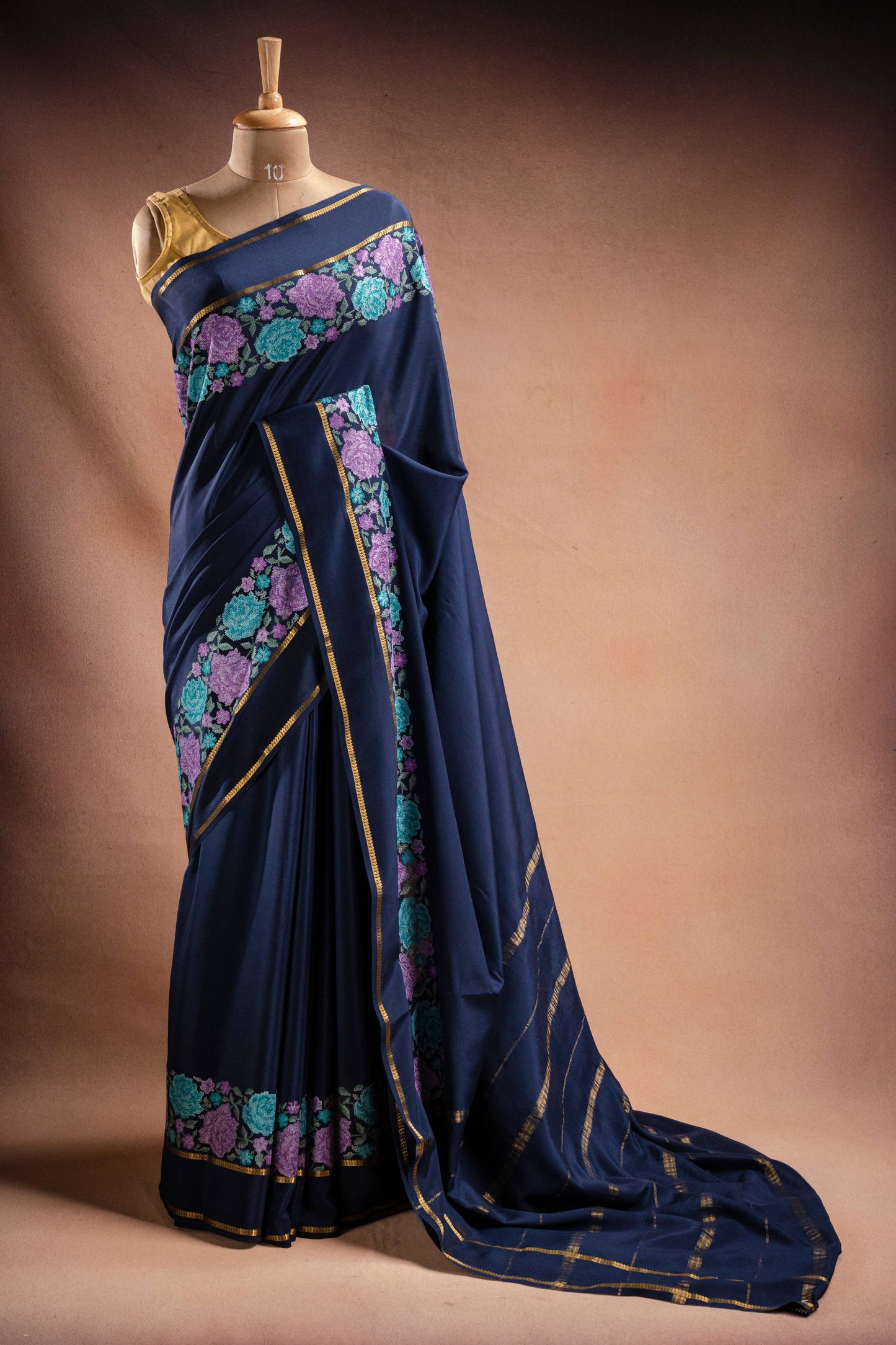 Navy Blue Crepe Saree with Floral Embroidery