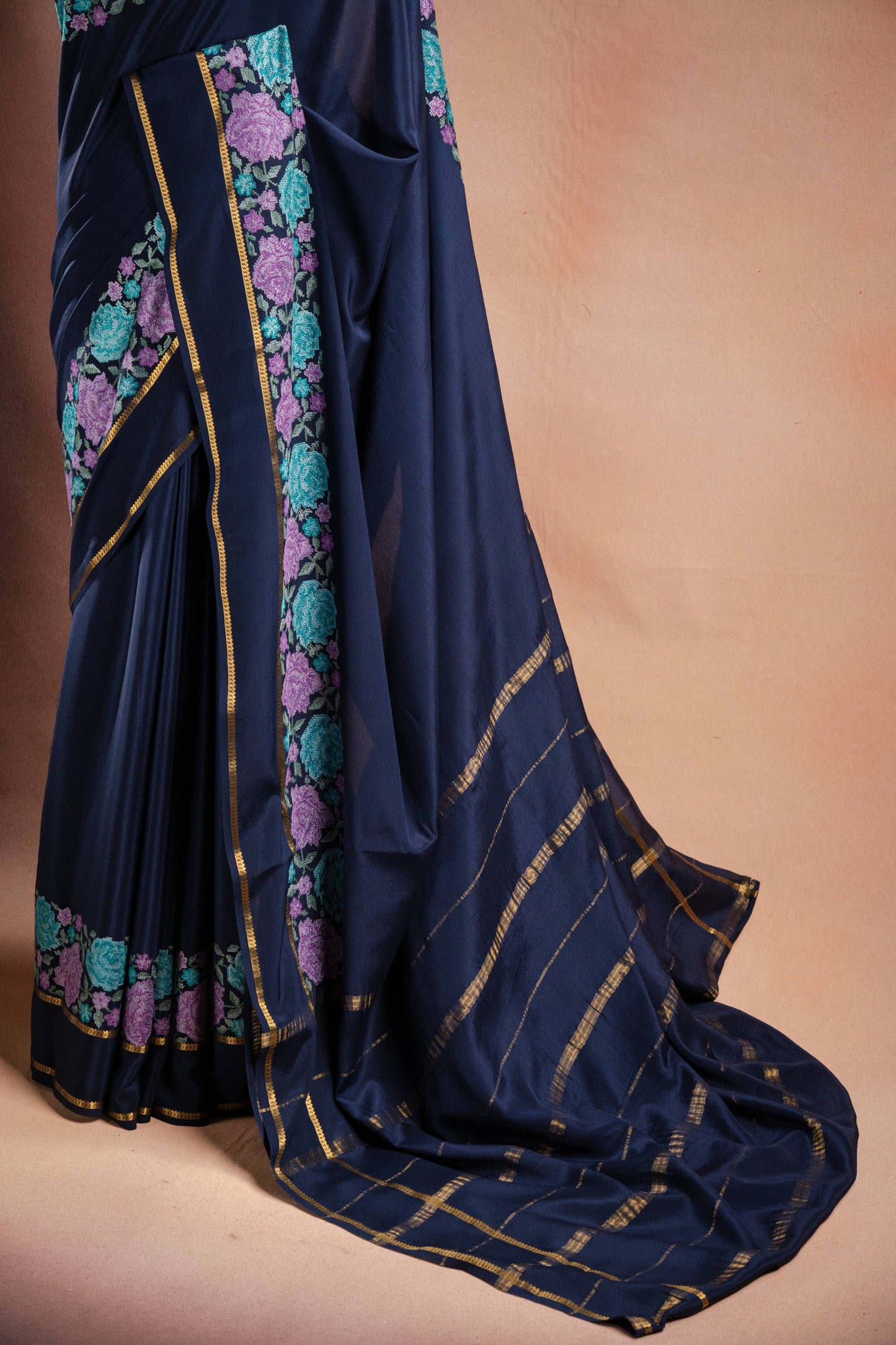 Navy Blue Crepe Saree with Floral Embroidery