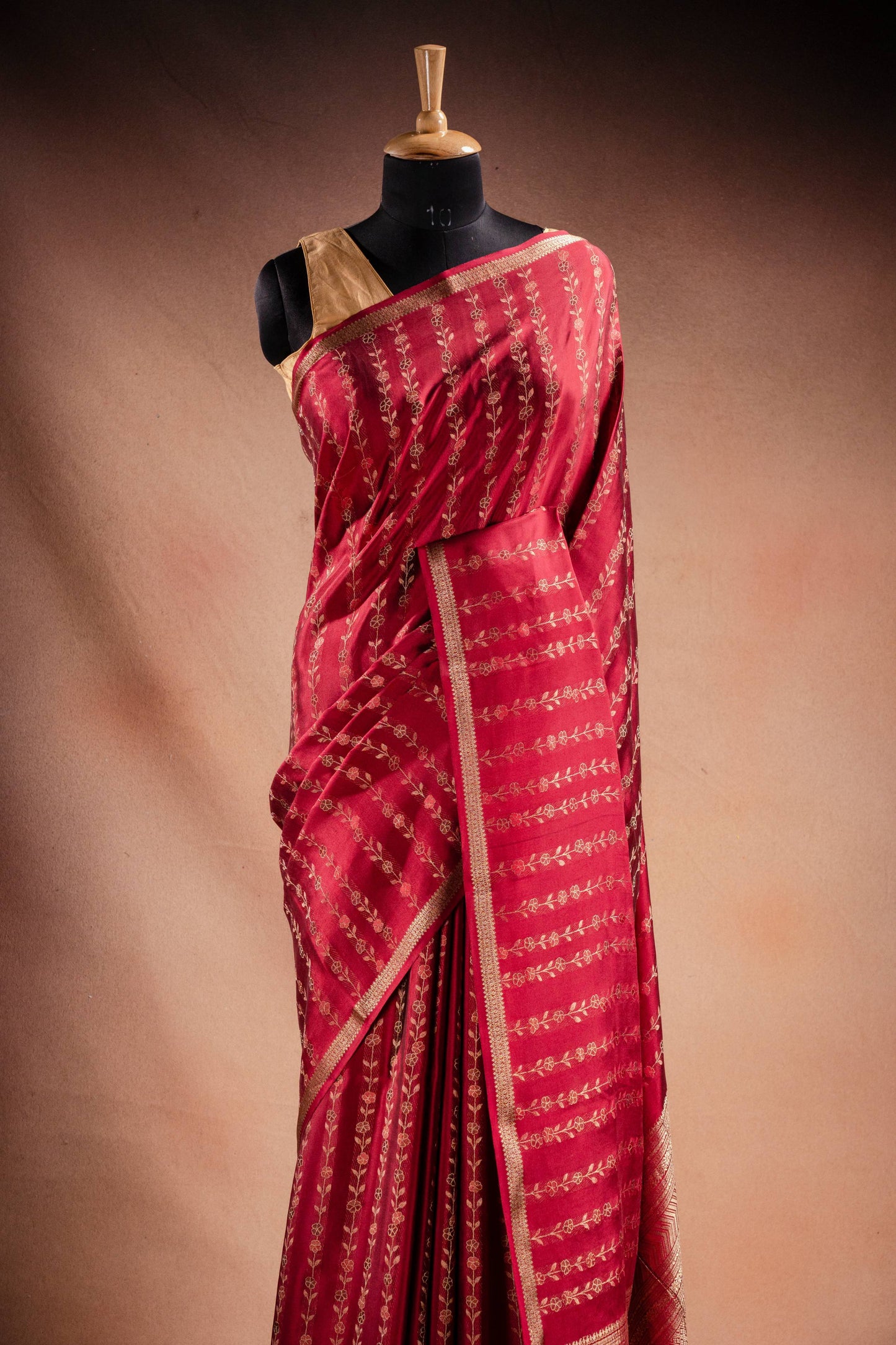 Red Banarasi Silk Saree with Floral Zari Weaving